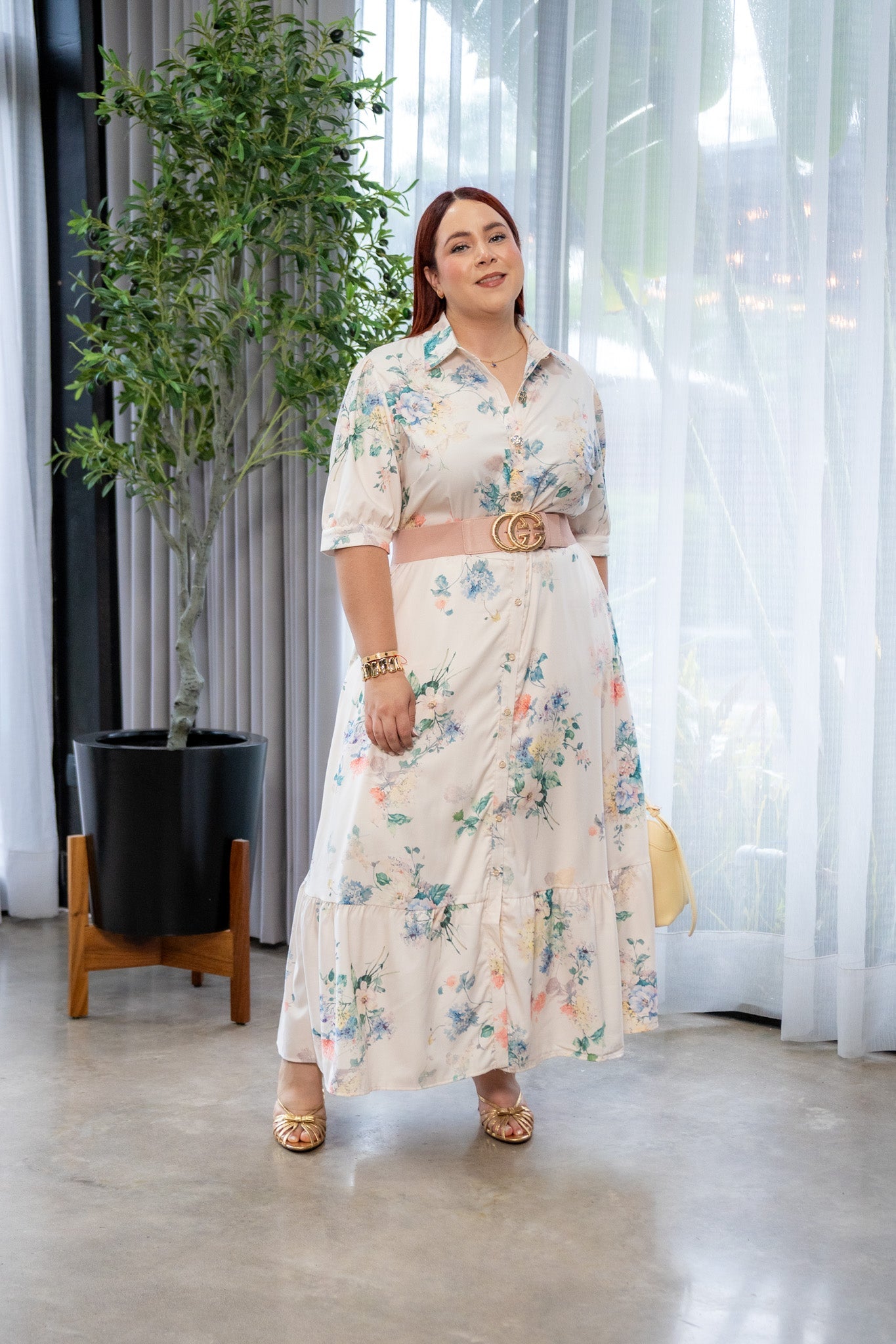 Maxi Vestido Curvy Camisero Estampado Beige