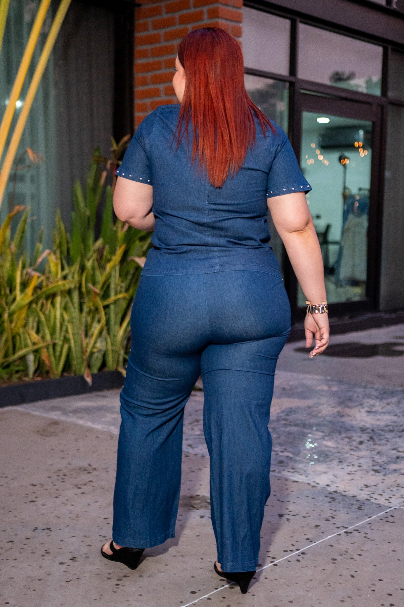 Set Pantalon Denim con Estoperoles Curvy Oscuro