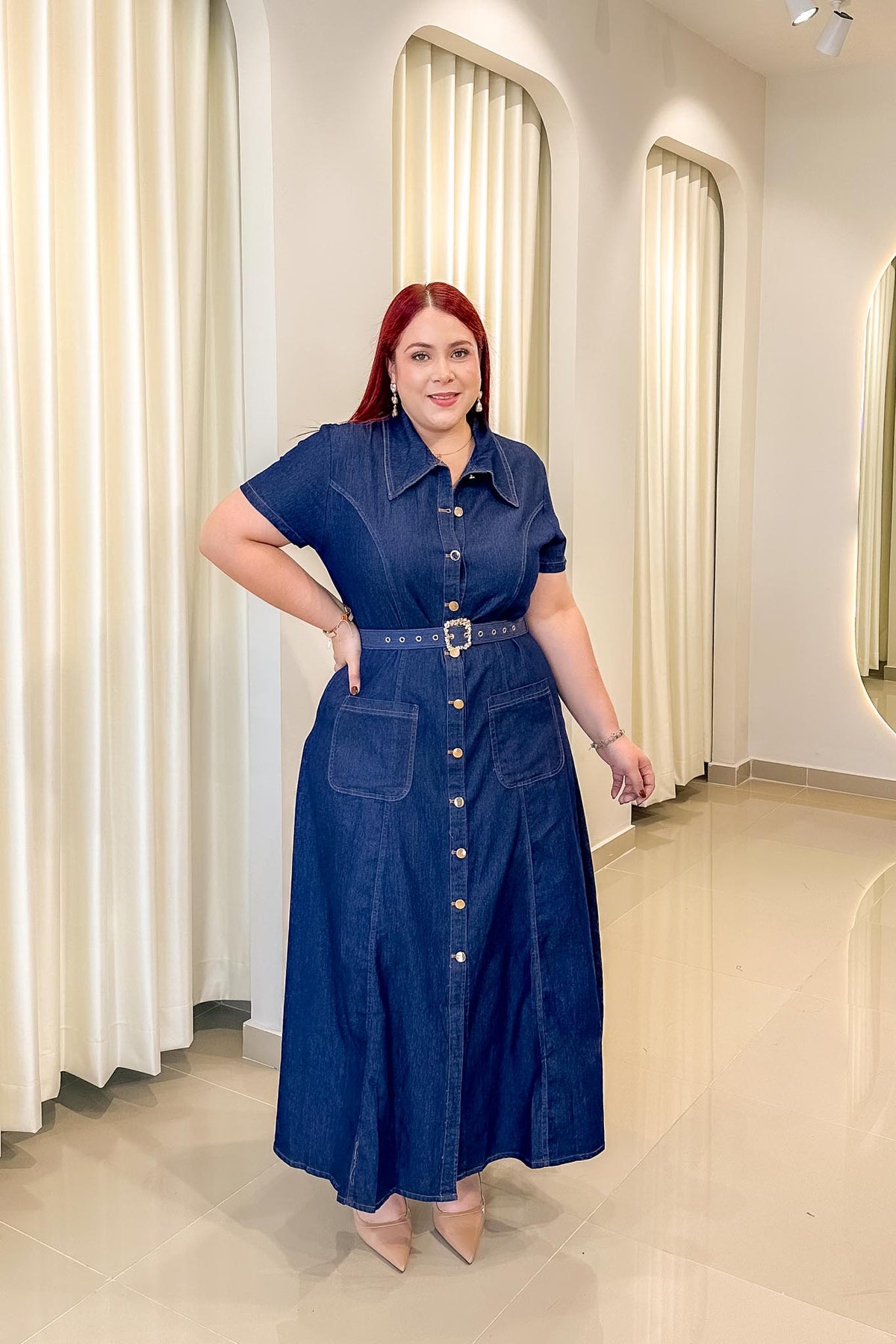 Maxi Vestido Camisero Curvy con Cinto Denim Oscuro