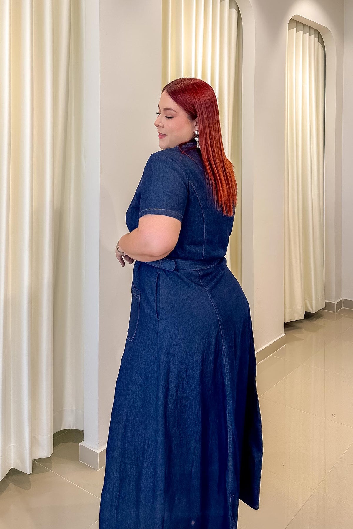Maxi Vestido Camisero Curvy con Cinto Denim Oscuro