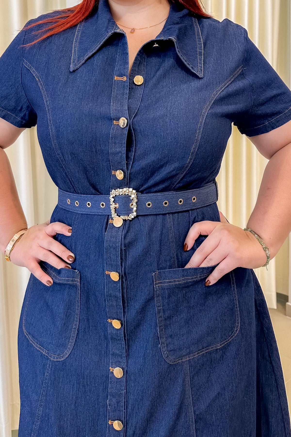 Maxi Vestido Camisero Curvy con Cinto Denim Oscuro