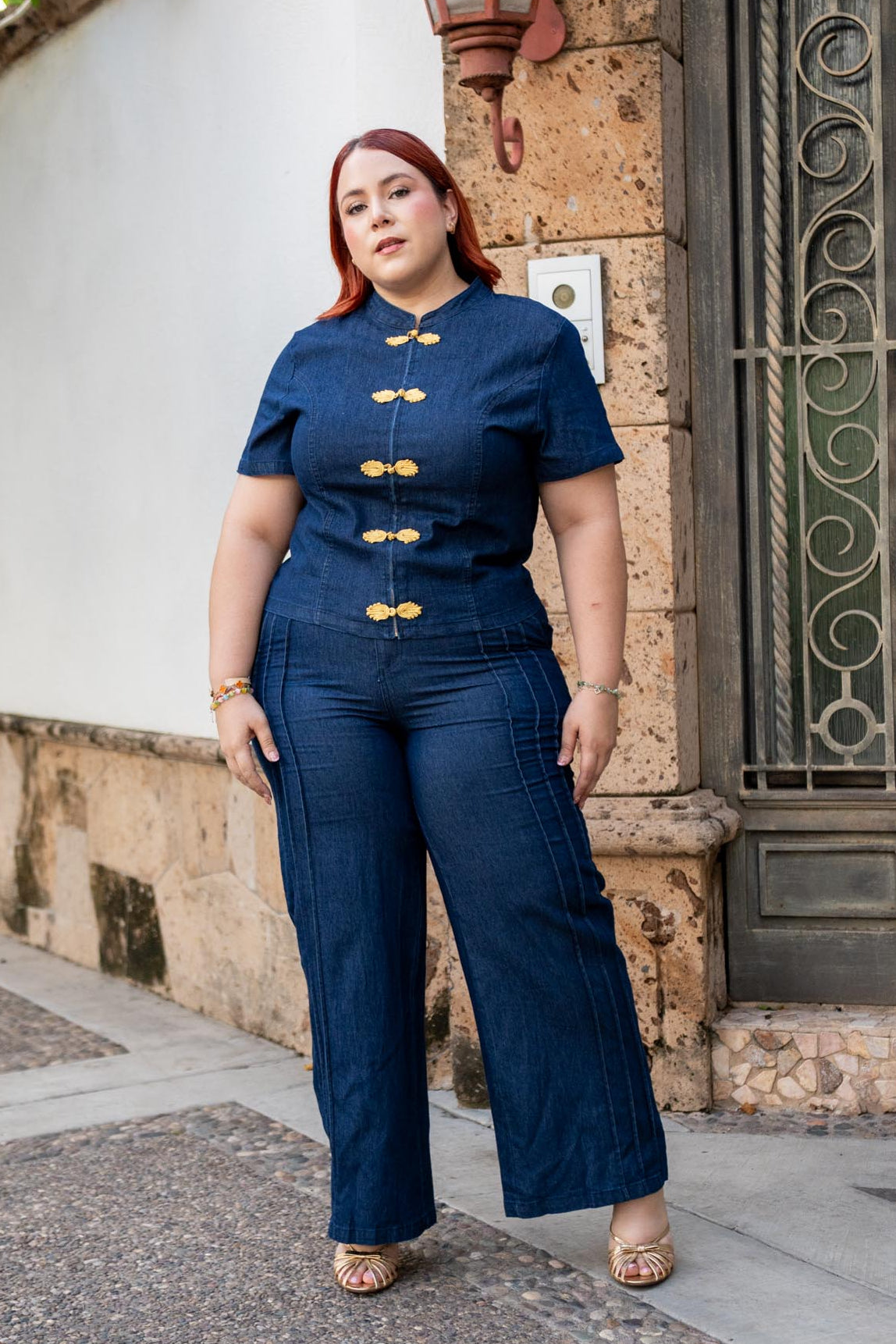Set Curvy Pantalón Denim Botones Oscuro