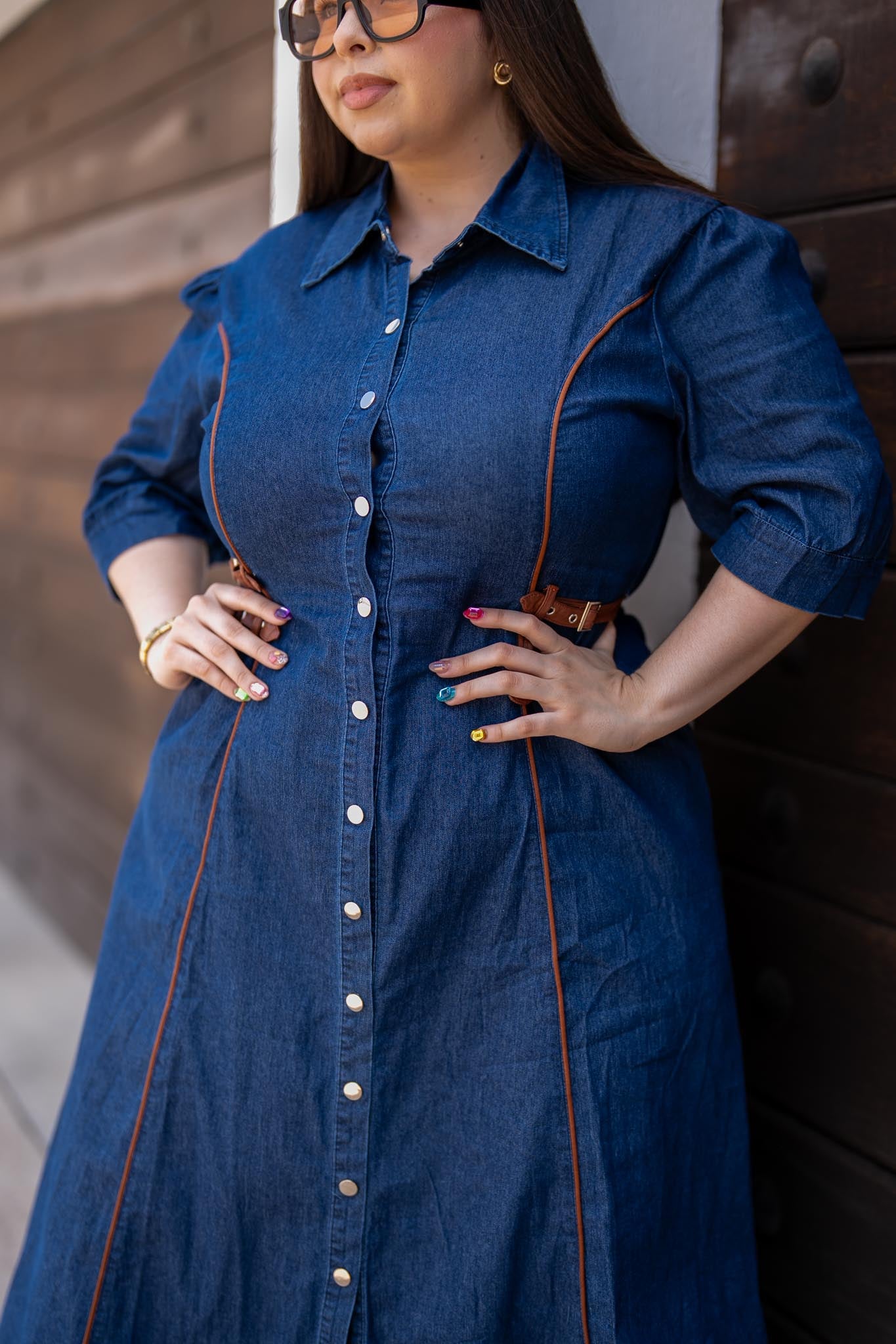 Maxi Vestido Camisero Denim con Cinturón Curvy Oscuro