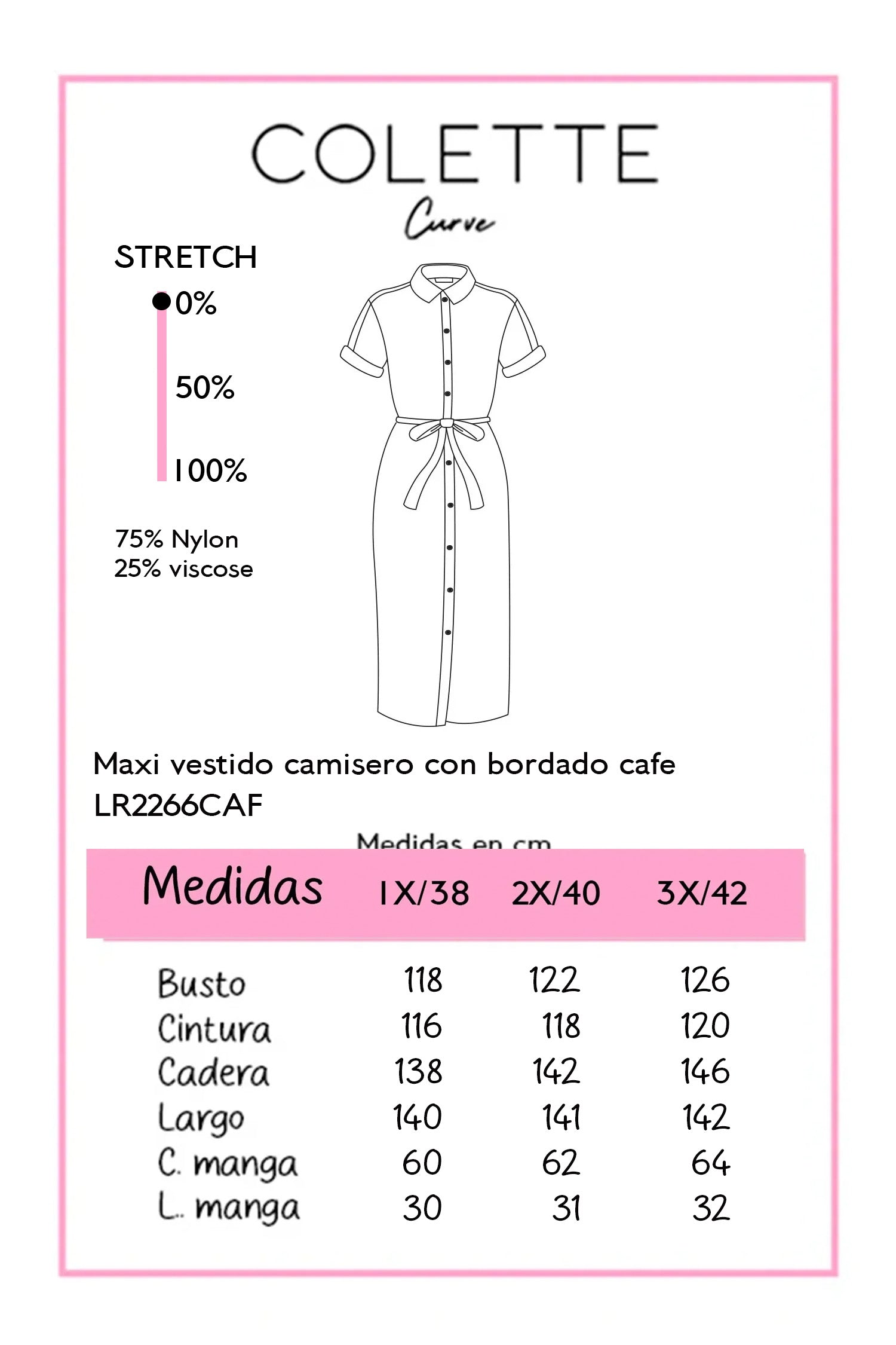 Chart de medidas Maxi Vestido Camisero Curvy con Bordado Cafe