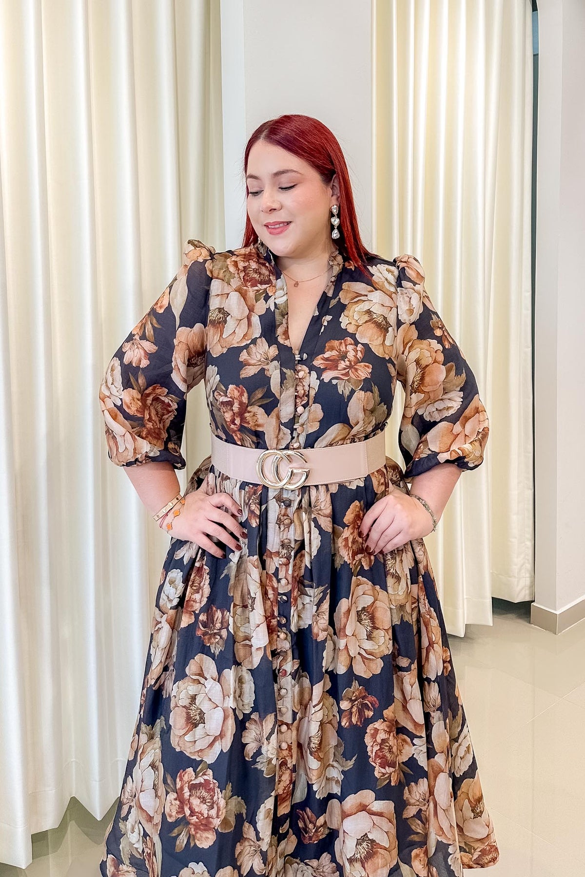 Vestido Camisero Curvy Floral Manga Globo Negro