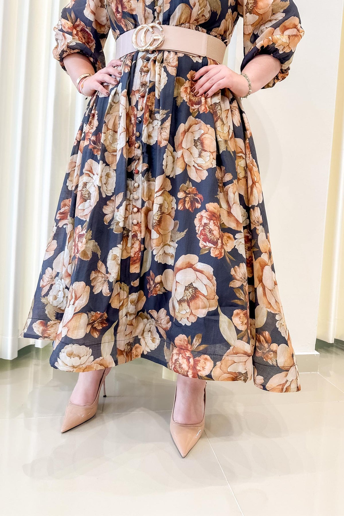 Vestido Camisero Curvy Floral Manga Globo Negro