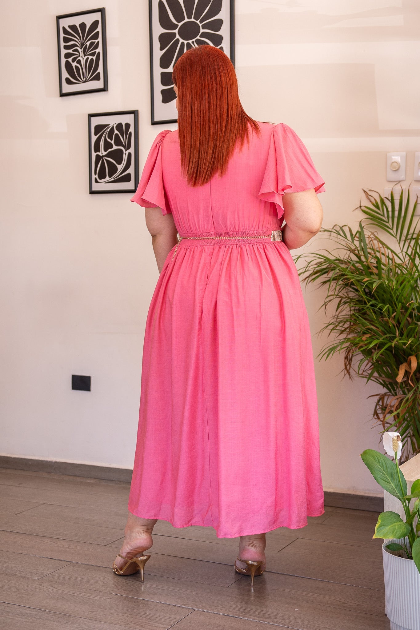 Vestido Curvy Midi Wrap Pretina Pedrería Flutter Sleeves Rosa
