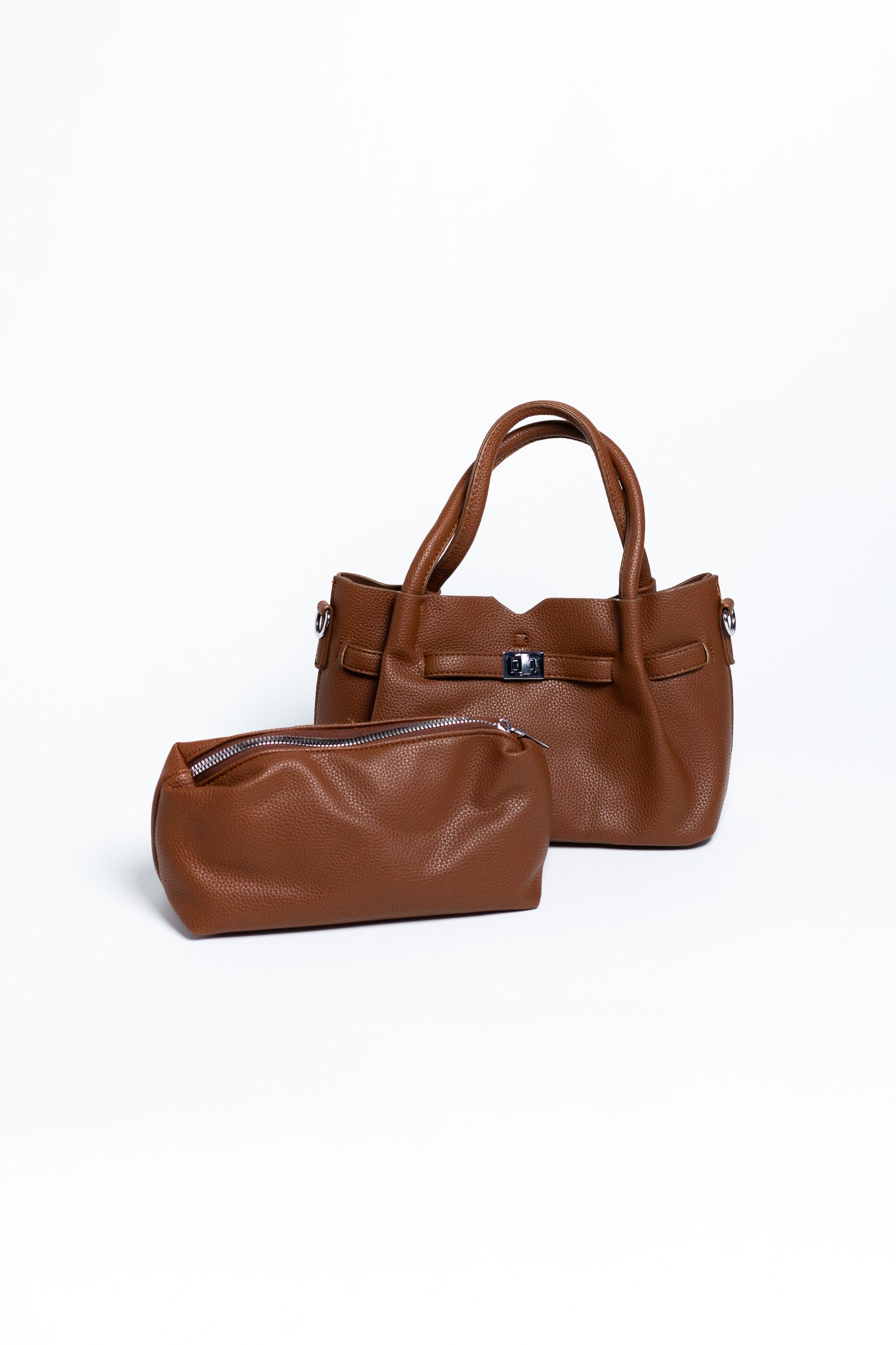 Bolsa Tote Café con Textura Granulada y Cosmetiquera