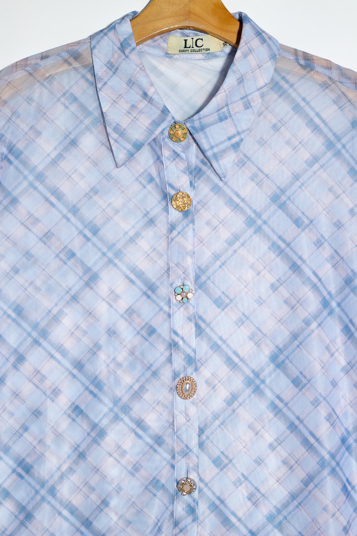 Camisa mesh con cuadros azul