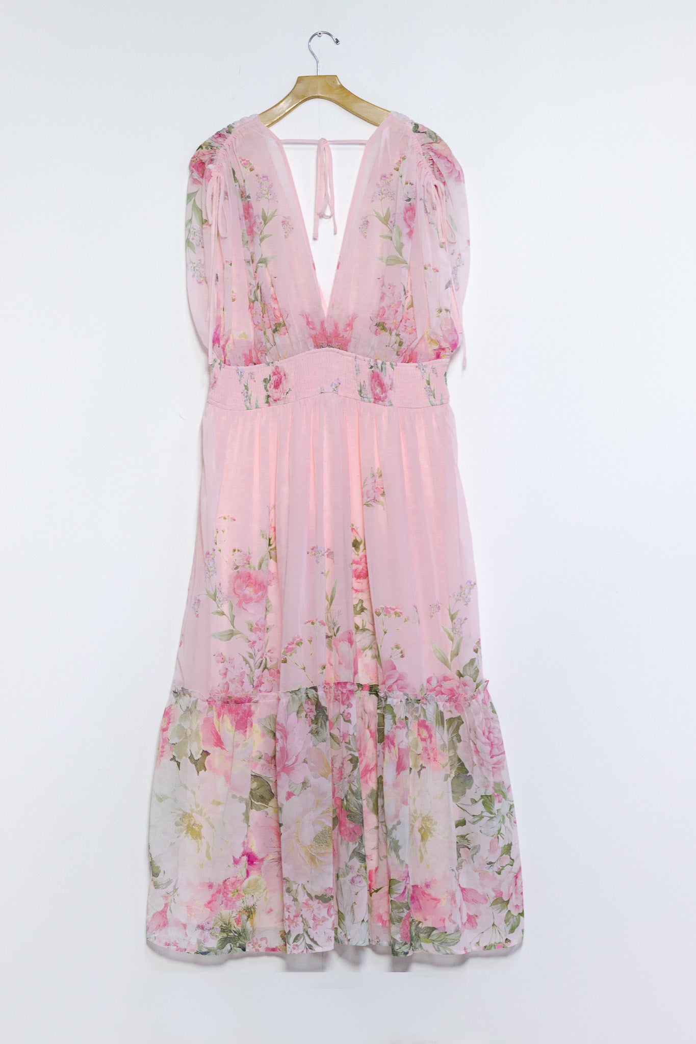 Maxi vestido gasa floral rosa