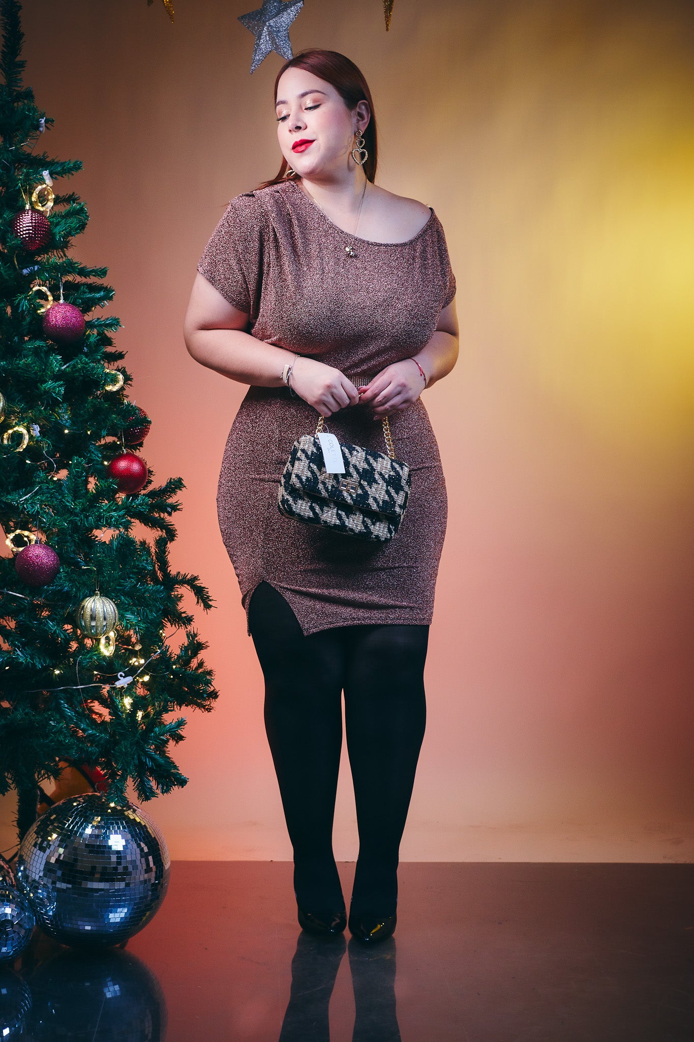 Vestido Corto Glitter Rosa Plus Size para Mujer
