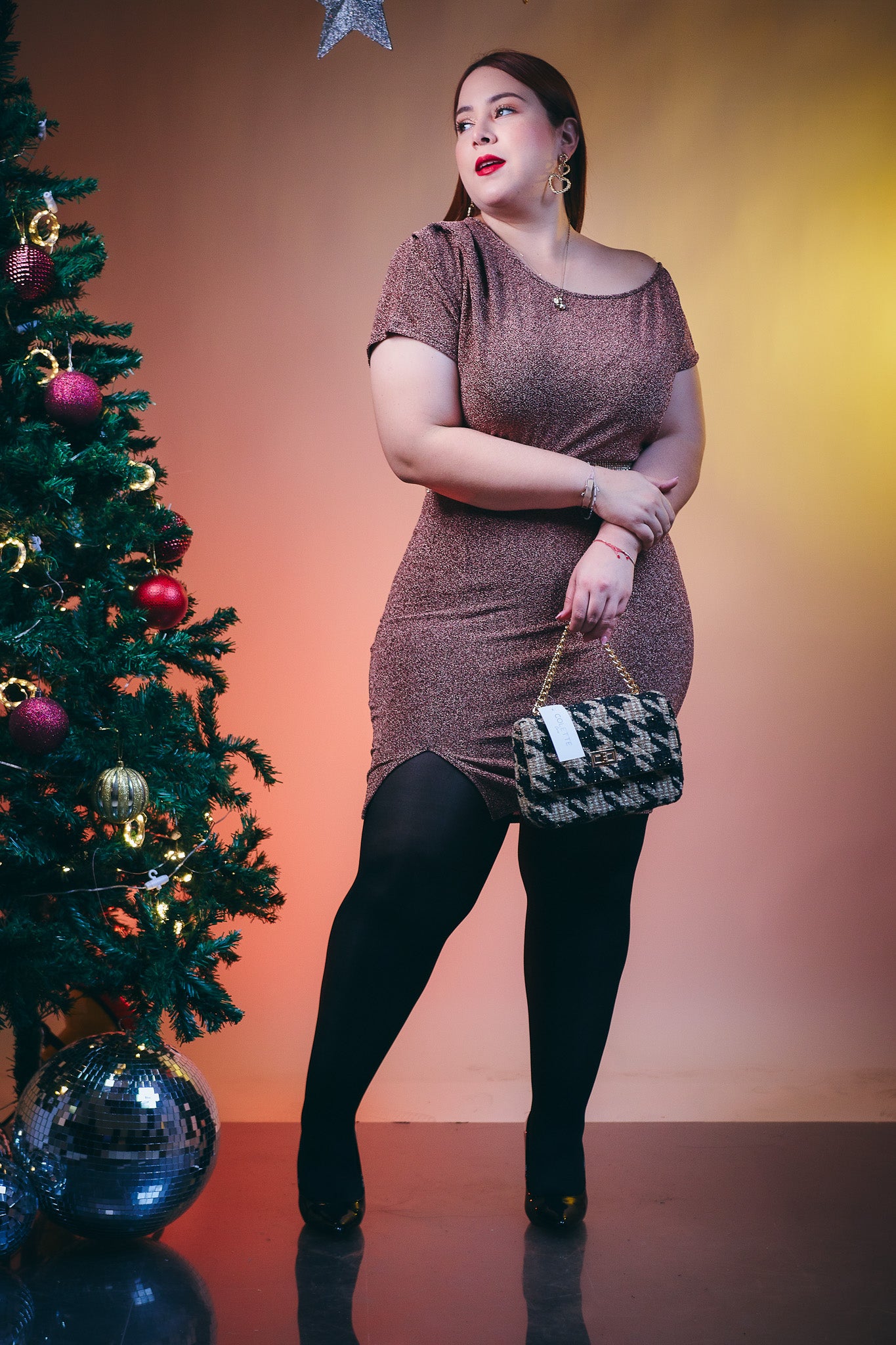 Vestido Corto Glitter Rosa Plus Size para Mujer