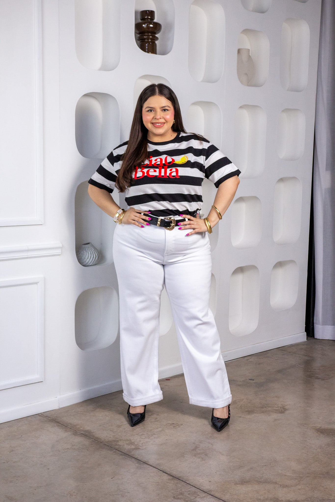 Jeans Curvy Barrel Blanco Stretch Tiro Alto Statement Verano