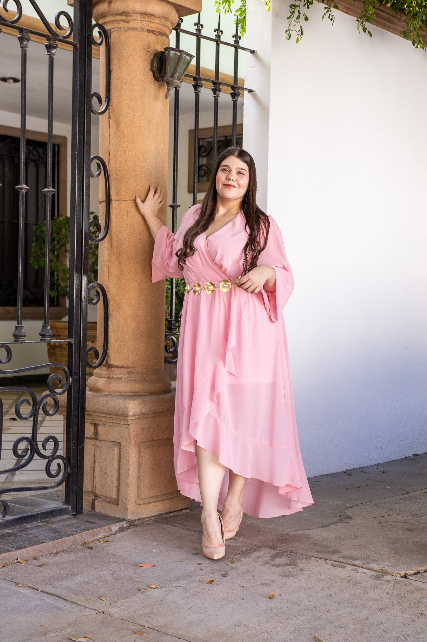 Vestido Curvy Wrap Gasa Cascada Manga Globo Rosa
