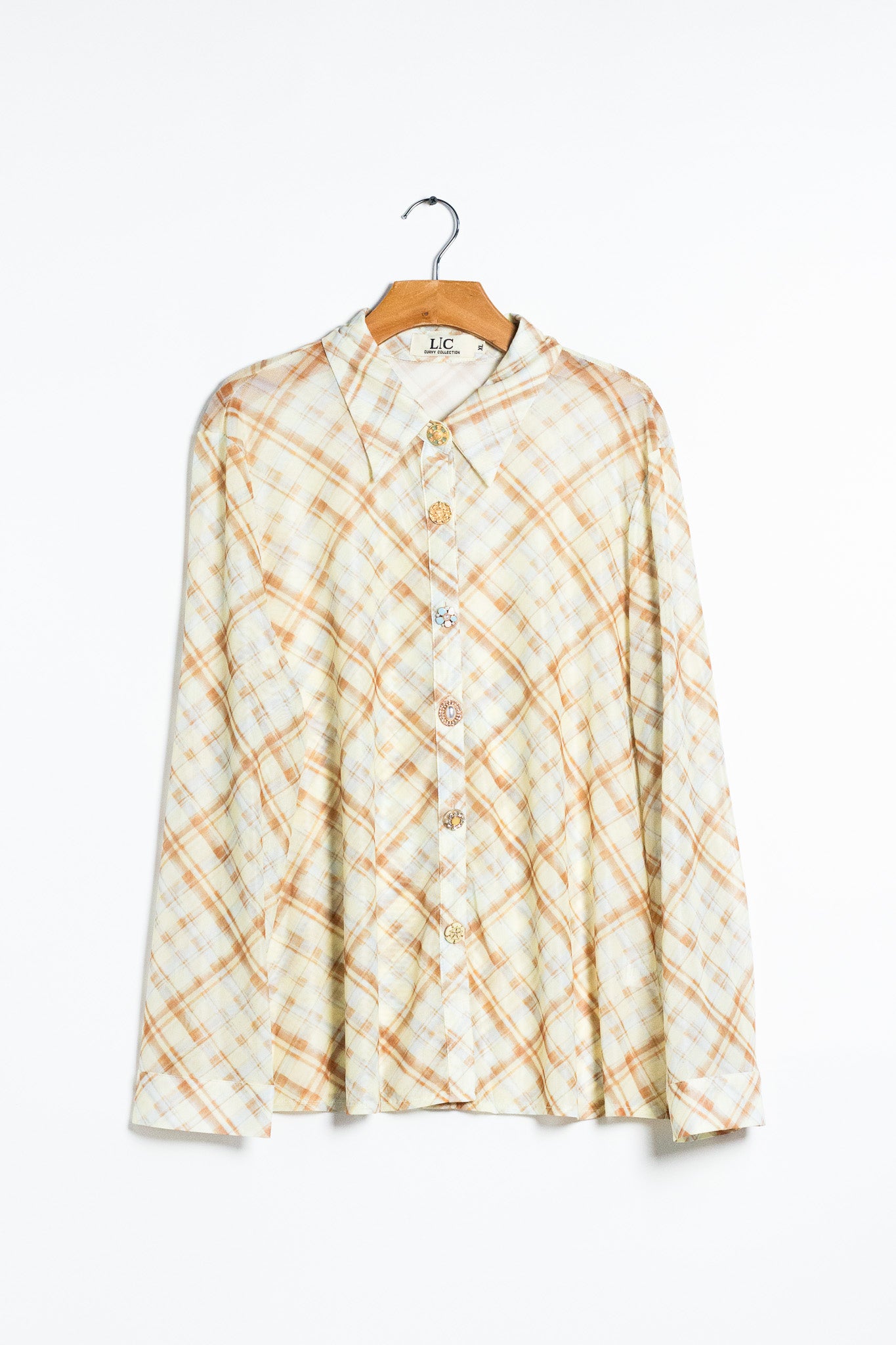 Blusa Curvy Mesh Estampado Cuadros Tonos Tierra Statement