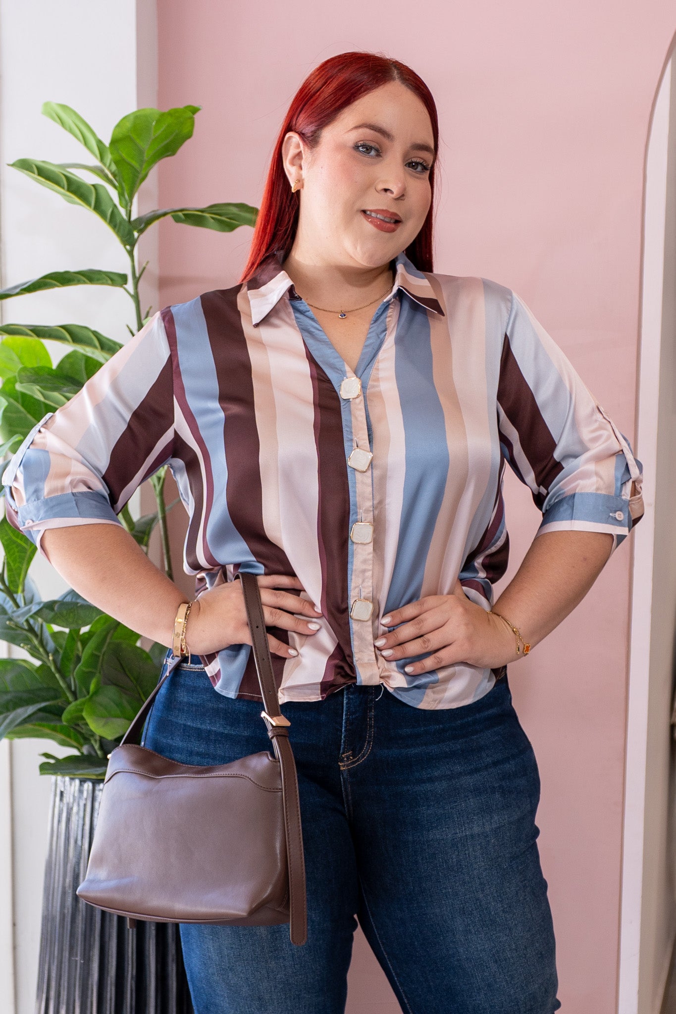 Camisa Curvy Satin Rayada Multicolor Cafe Vino Azul Cielo Rosa