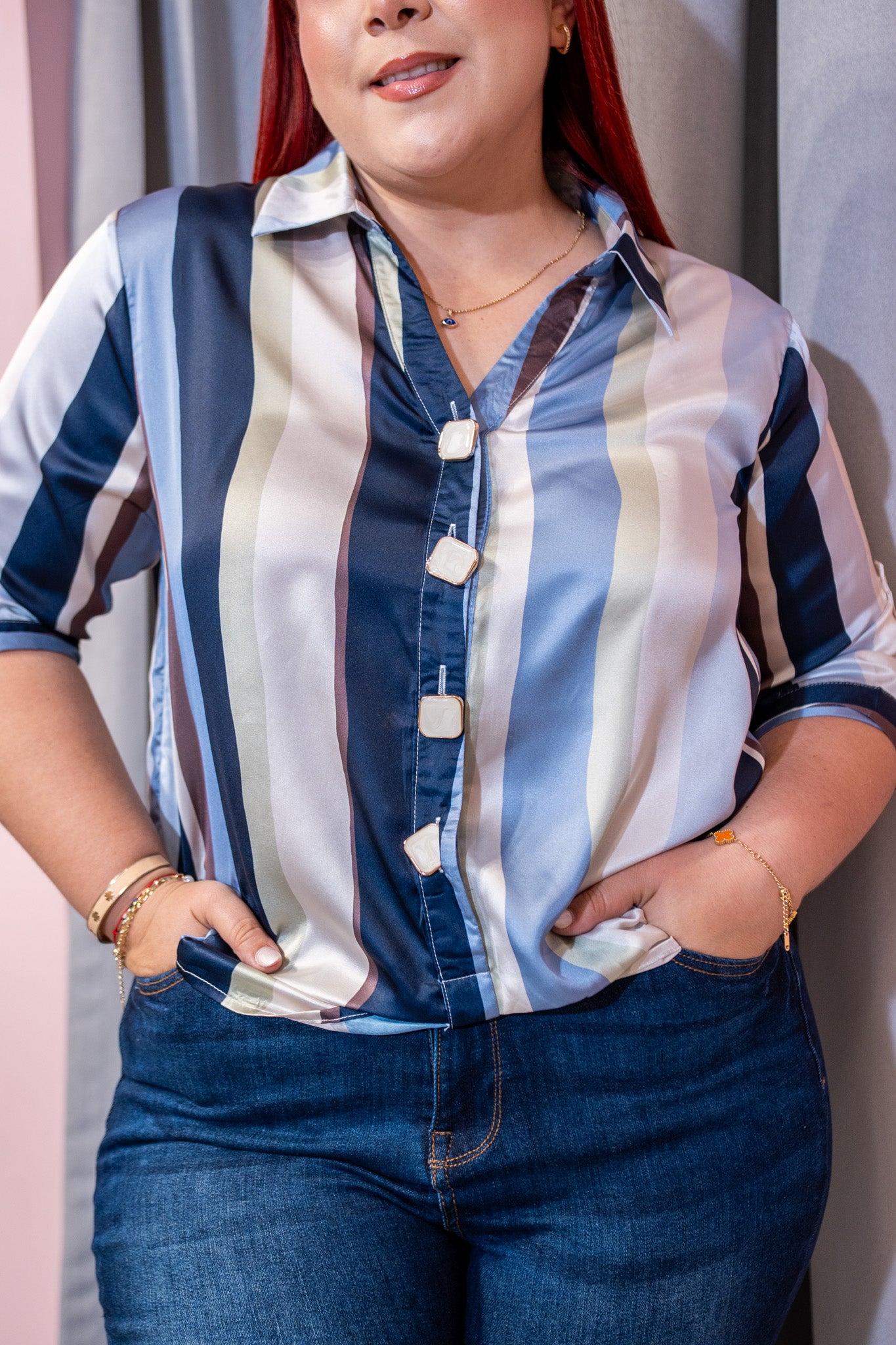 Camisa Curvy Satin Rayada Multicolor Manga Larga Navy