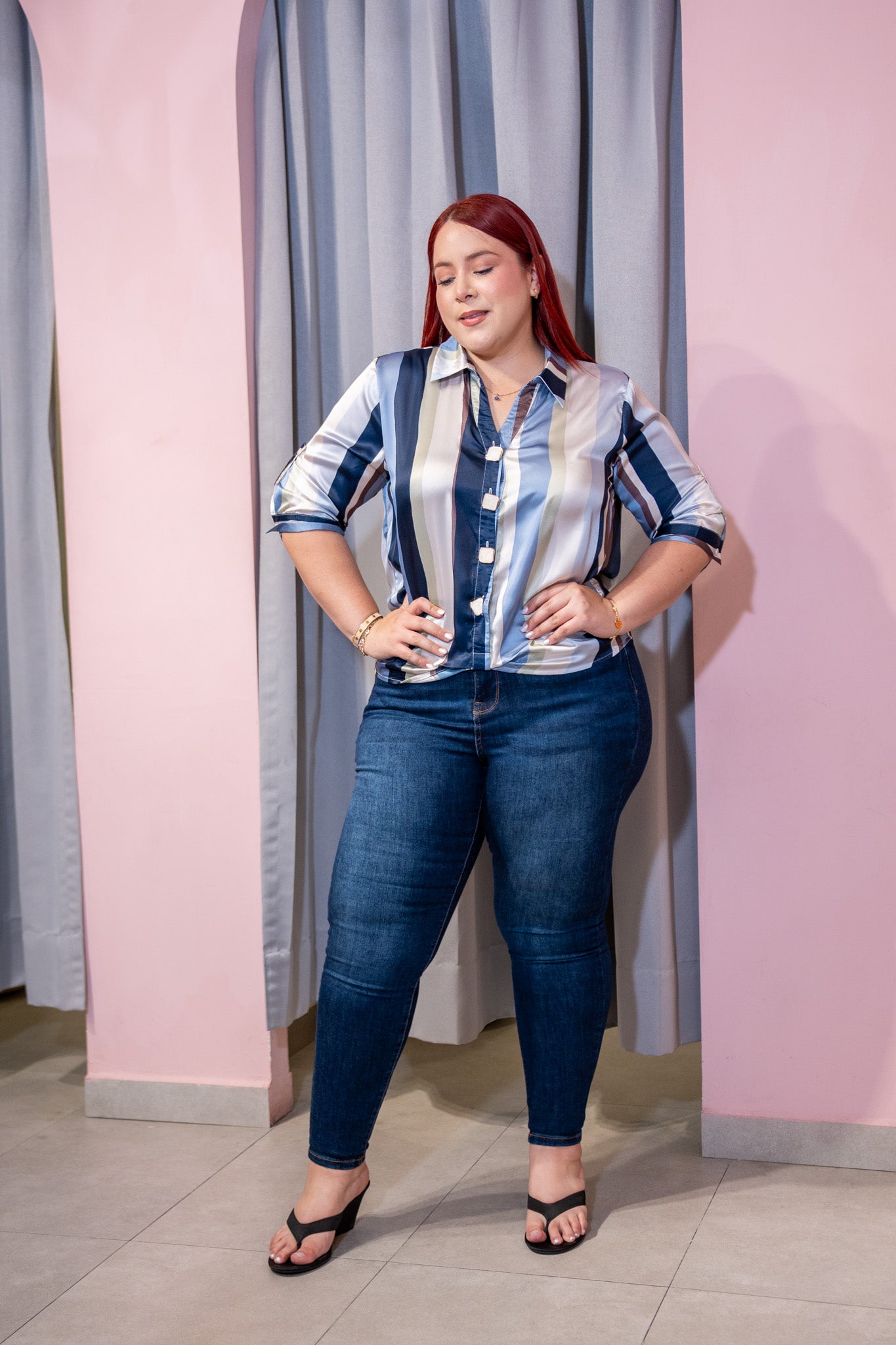 Camisa Curvy Satin Rayada Multicolor Manga Larga Navy