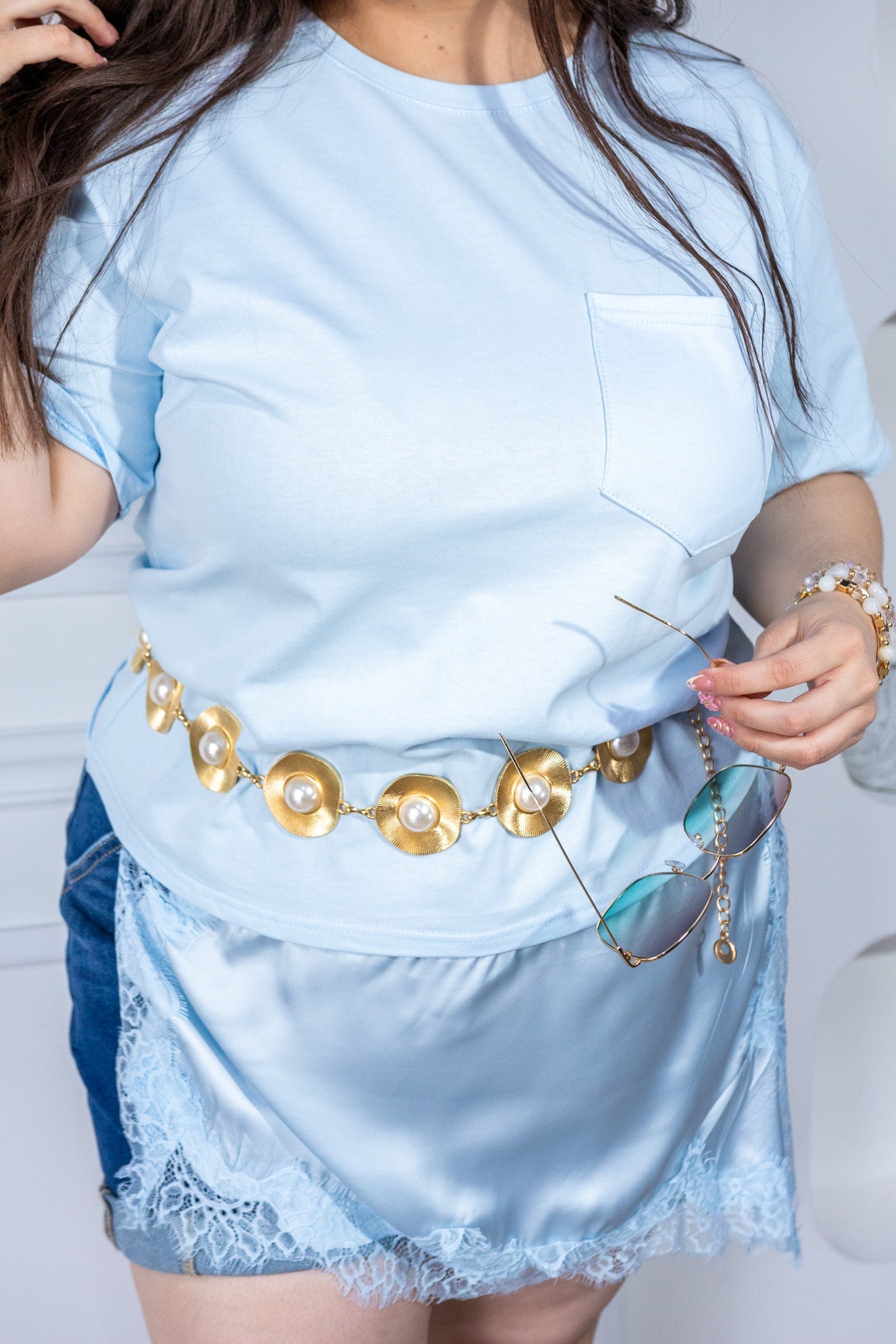 Blusa Curvy Algodón Manga Corta Bolsillo Pecho Azul Cielo