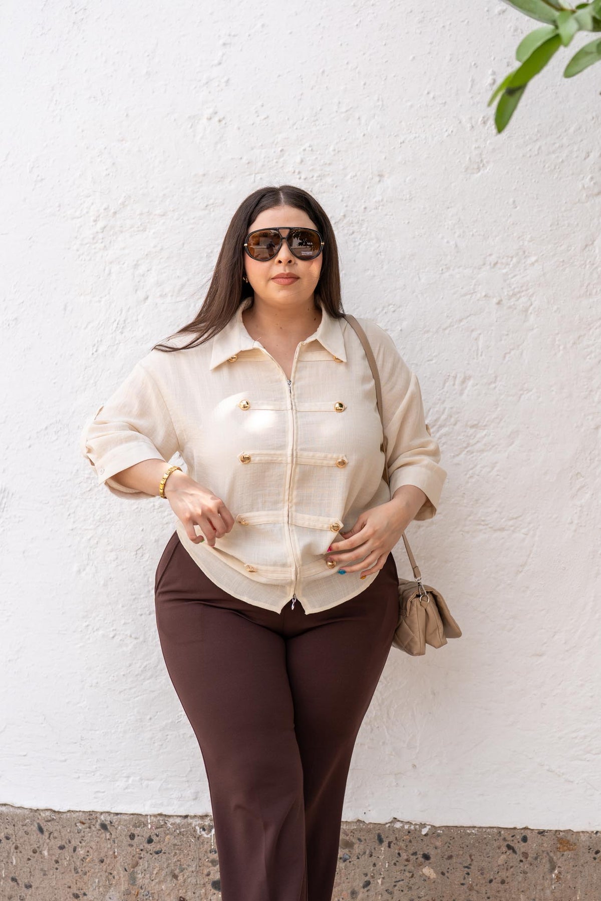 Camisa Curvy Zipper Detalle Botones Ivory Rayón