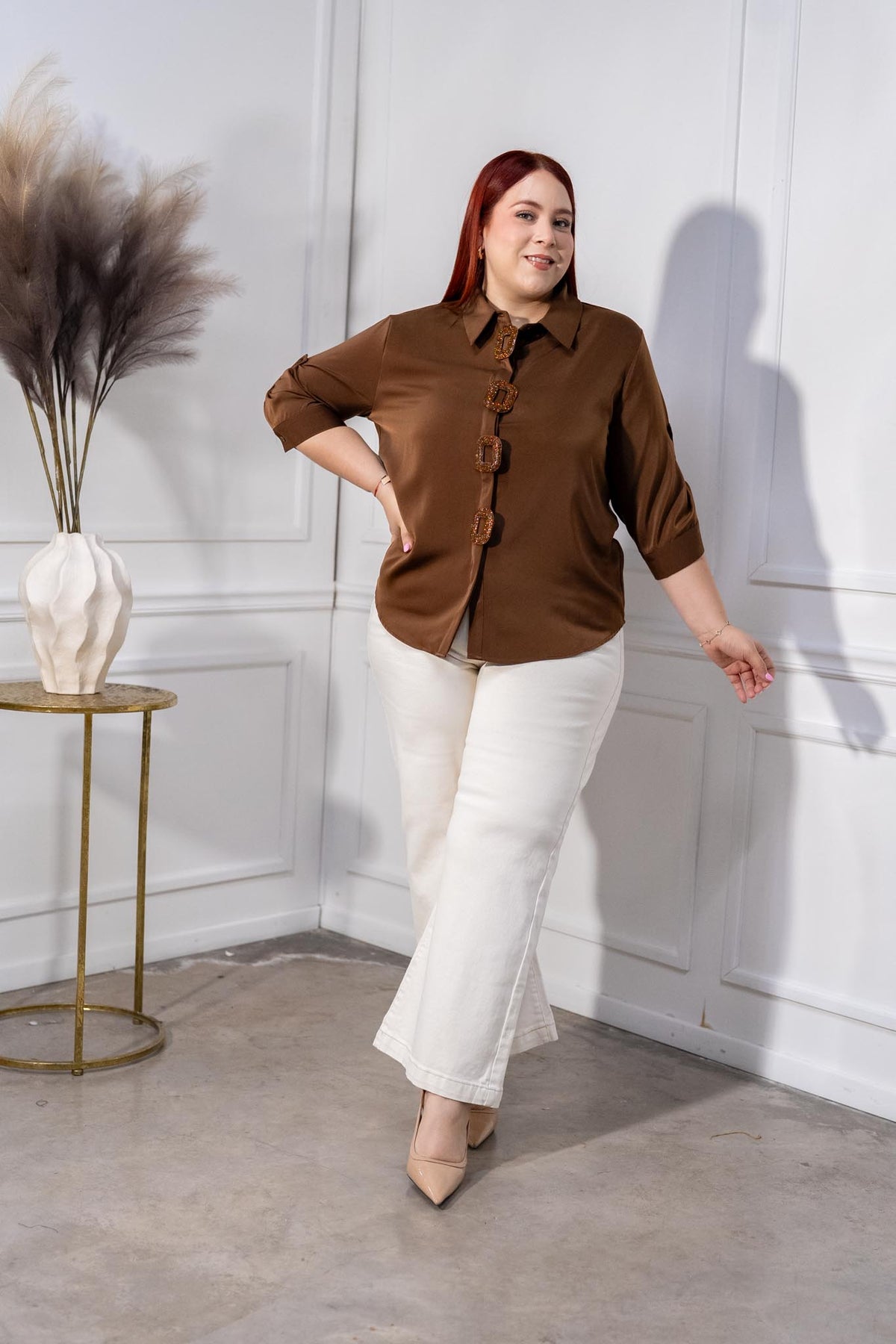 Camisa Curvy Satín Botones Maxi Manga 3/4 Café