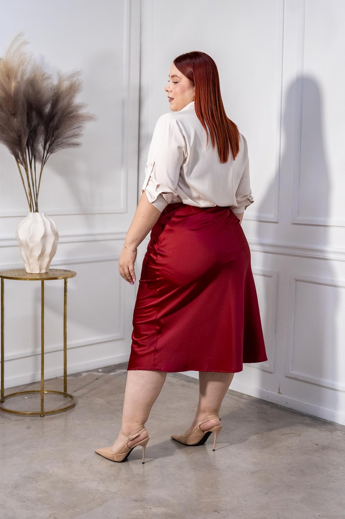 Camisa Curvy Satín Botones Maxi Manga 3/4 Ivory