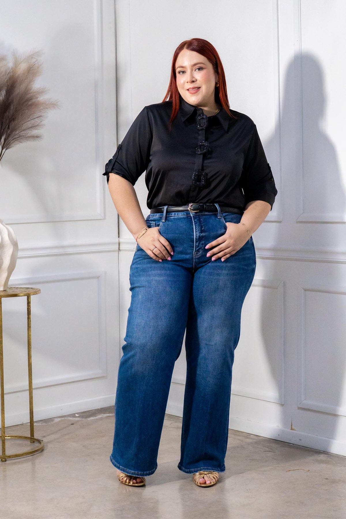 Camisa Curvy Satín Botones Maxi Manga 3/4 Negro