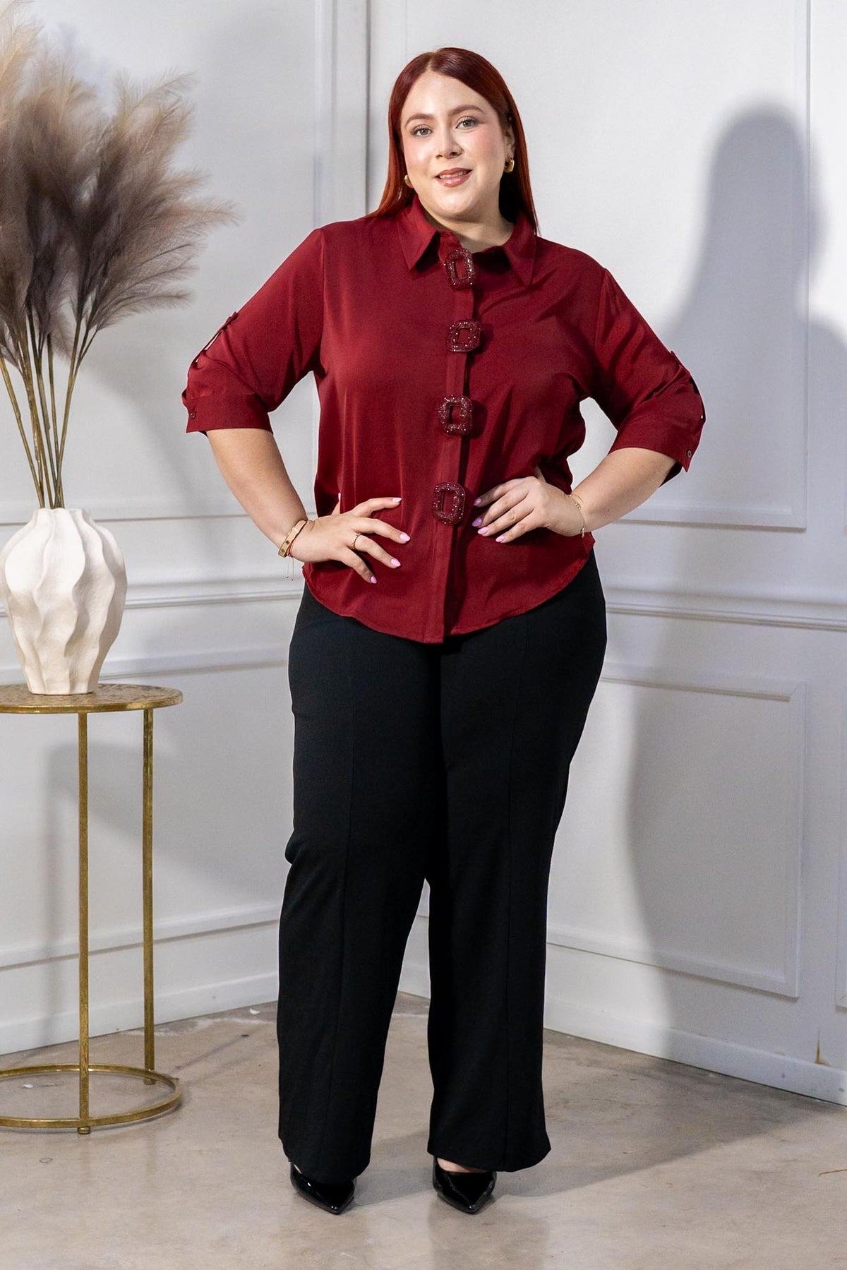 Camisa Curvy Satín Botones Maxi Manga 3/4 Tinto