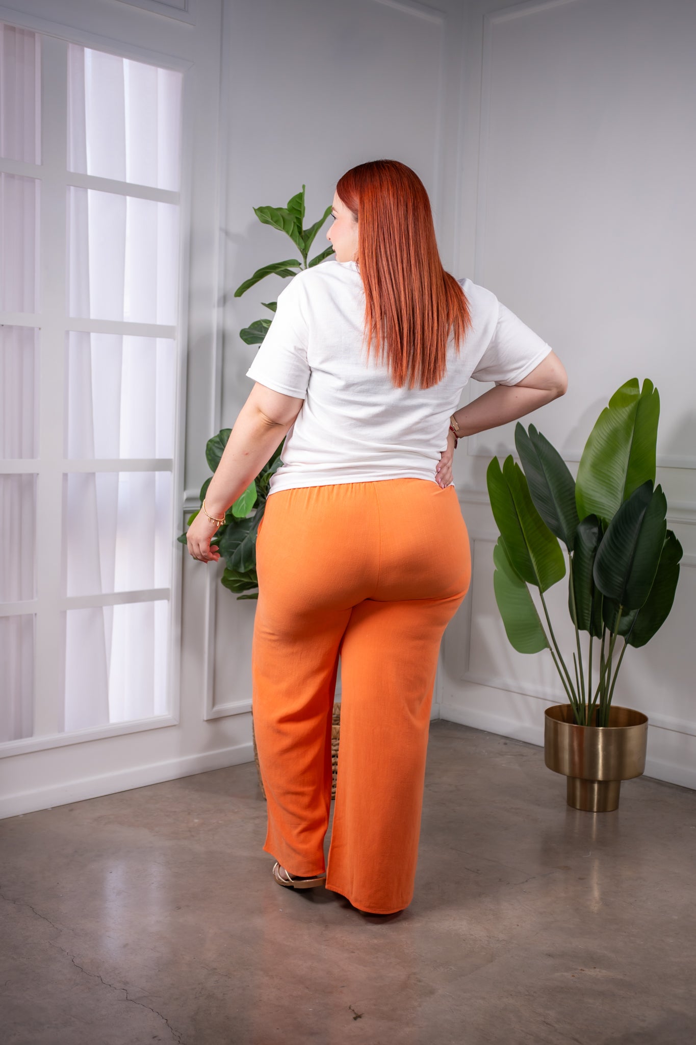 Pantalon lino liso naranja