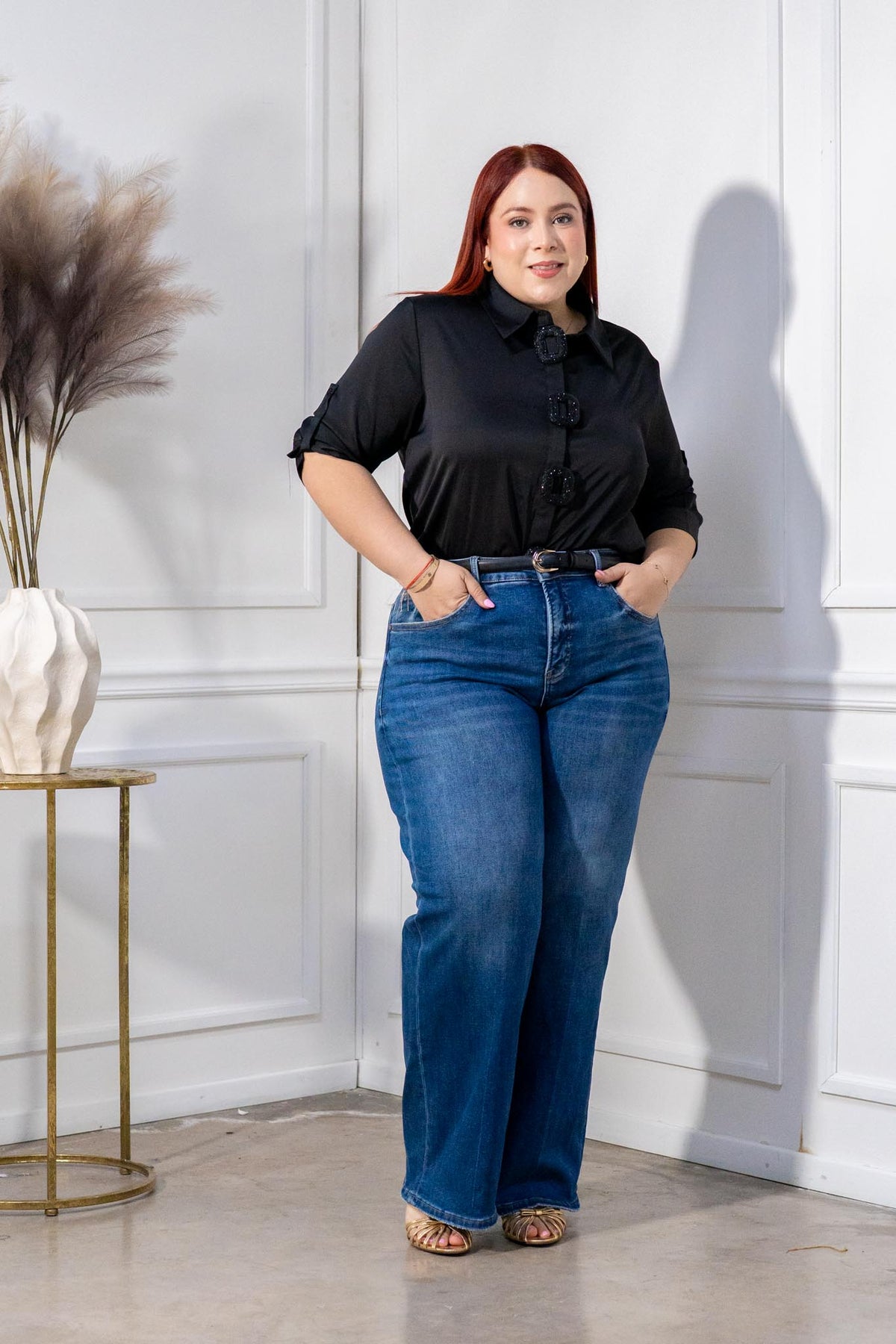 Jeans Curvy Wide Leg Tiro Alto Azul Medio