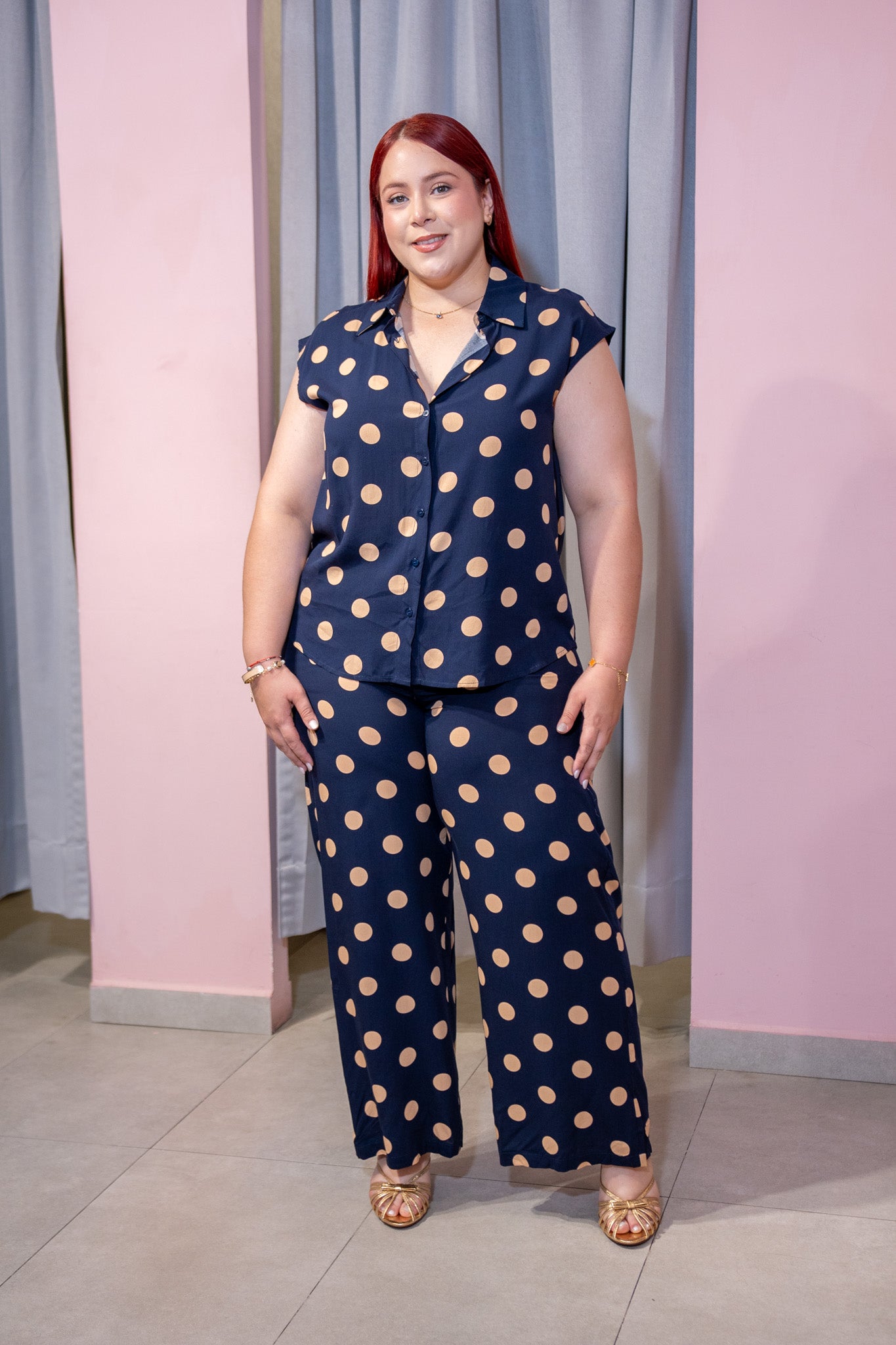 Set Blusa y Pantalon Wide Leg Curvy Polka Dots Caramelo Navy