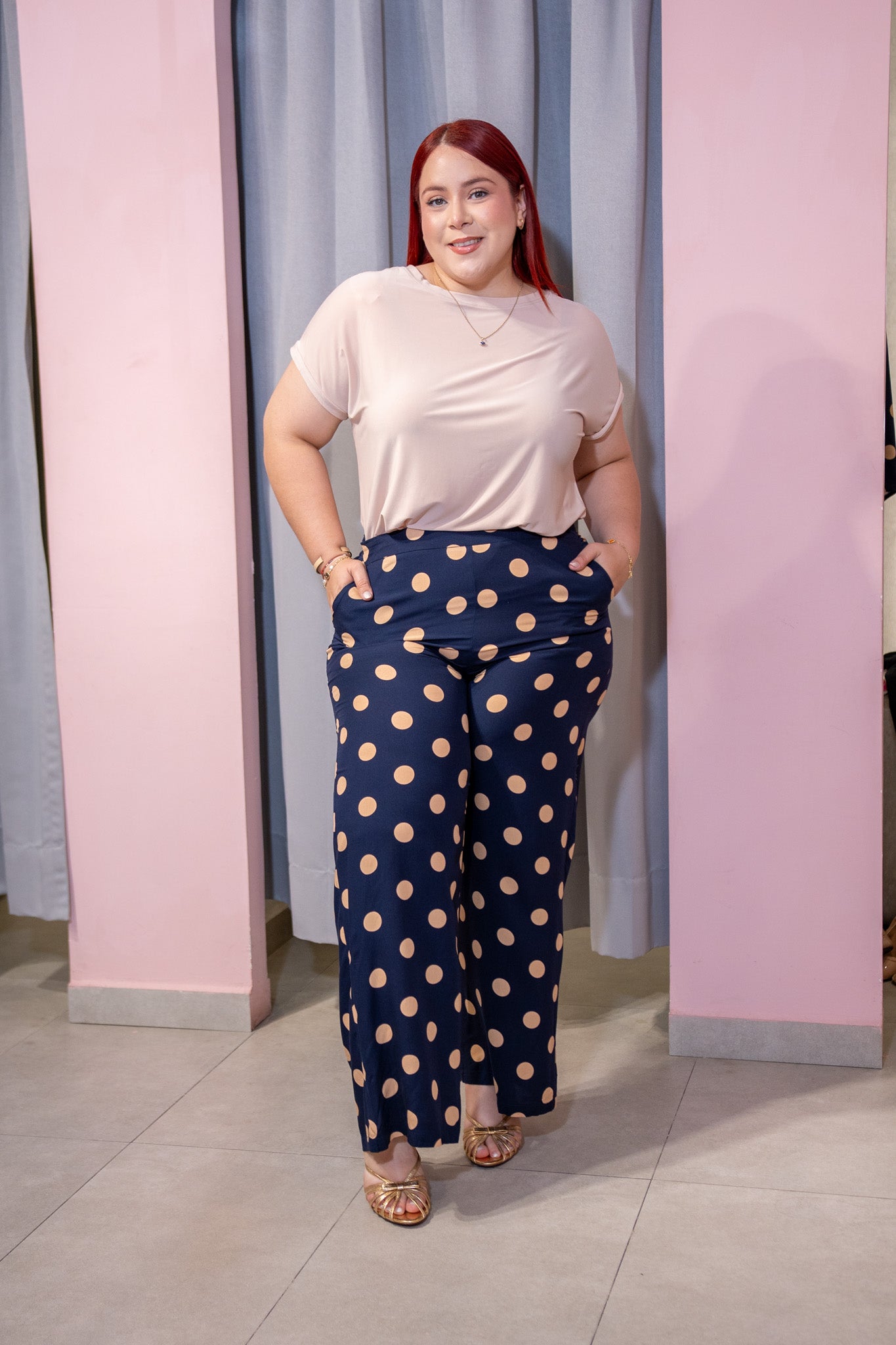 Set Blusa y Pantalon Wide Leg Curvy Polka Dots Caramelo Navy