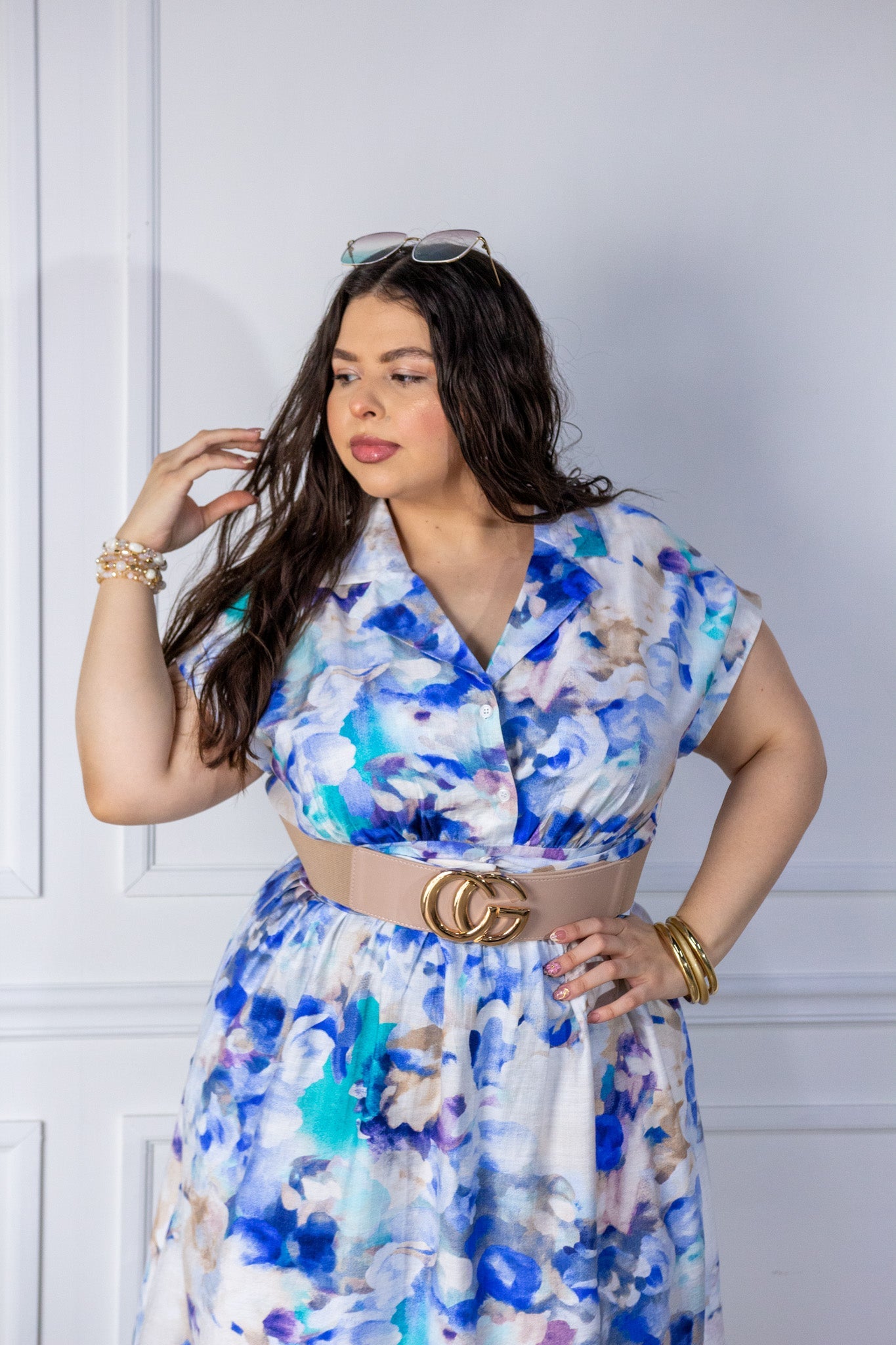 Vestido Curvy Midi Camisero Floral Acuarela Azul Cobalto