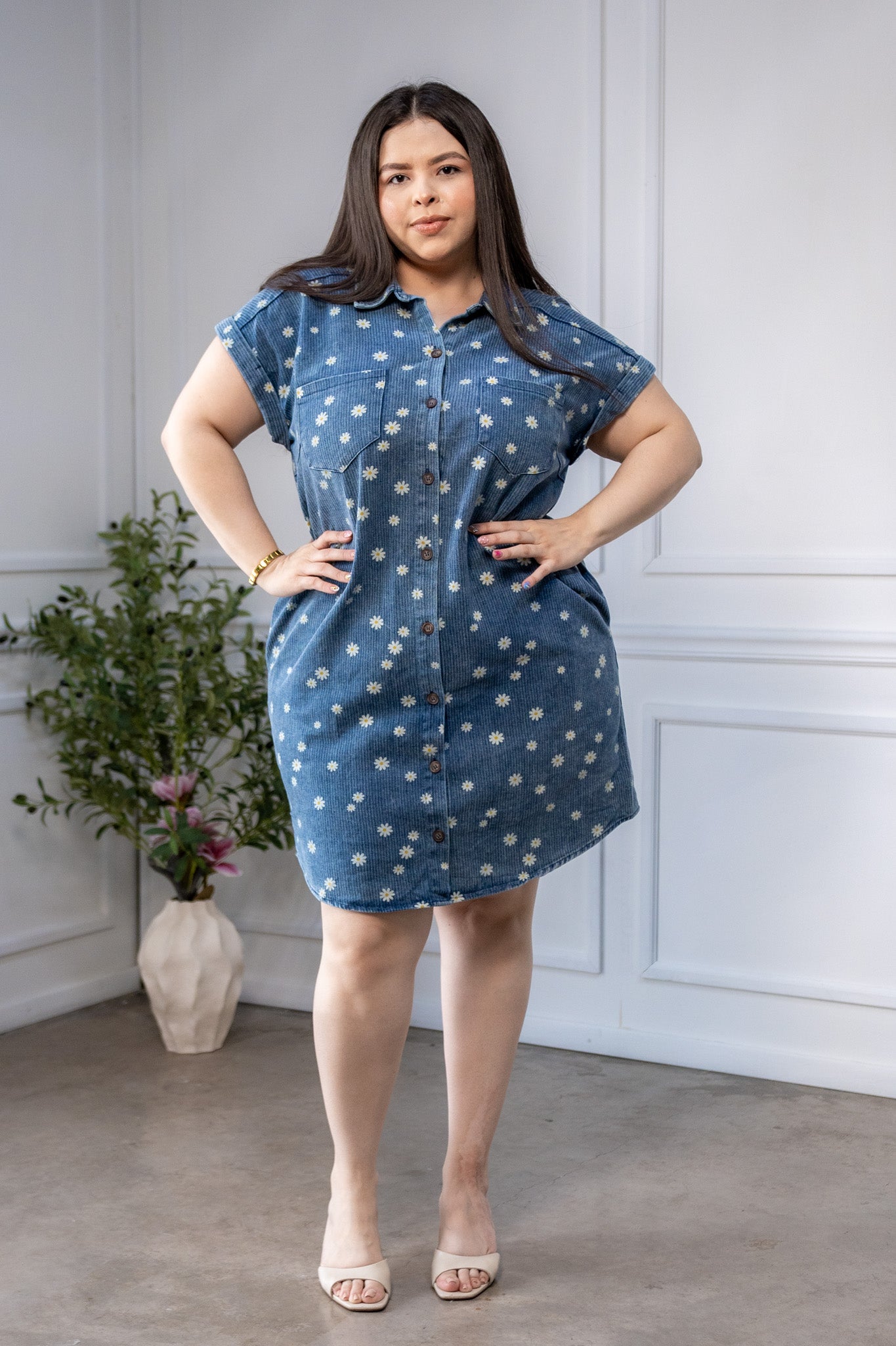 Vestido Curvy Denim Print Margaritas Camisero Azul