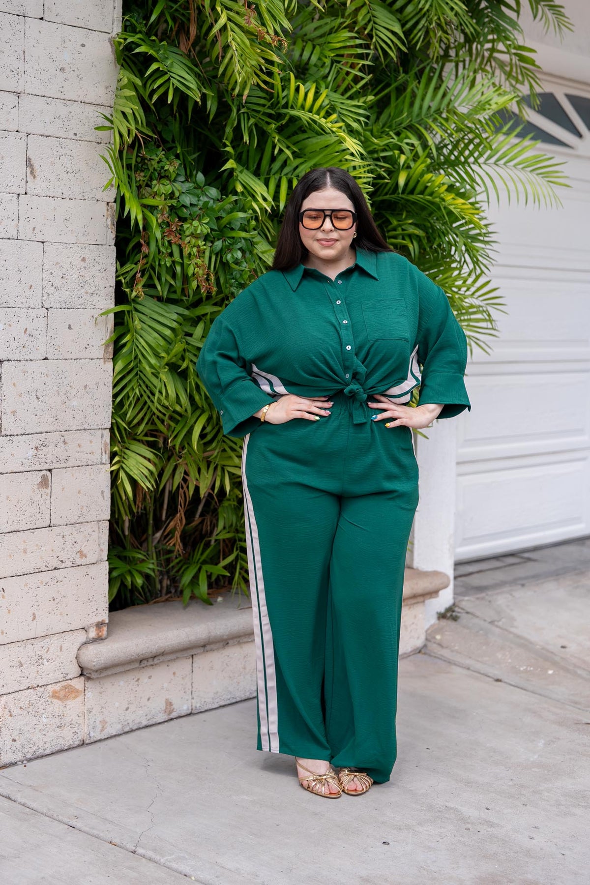 Set Camisa y Pantalón Rayas Verticales Curvy Verde