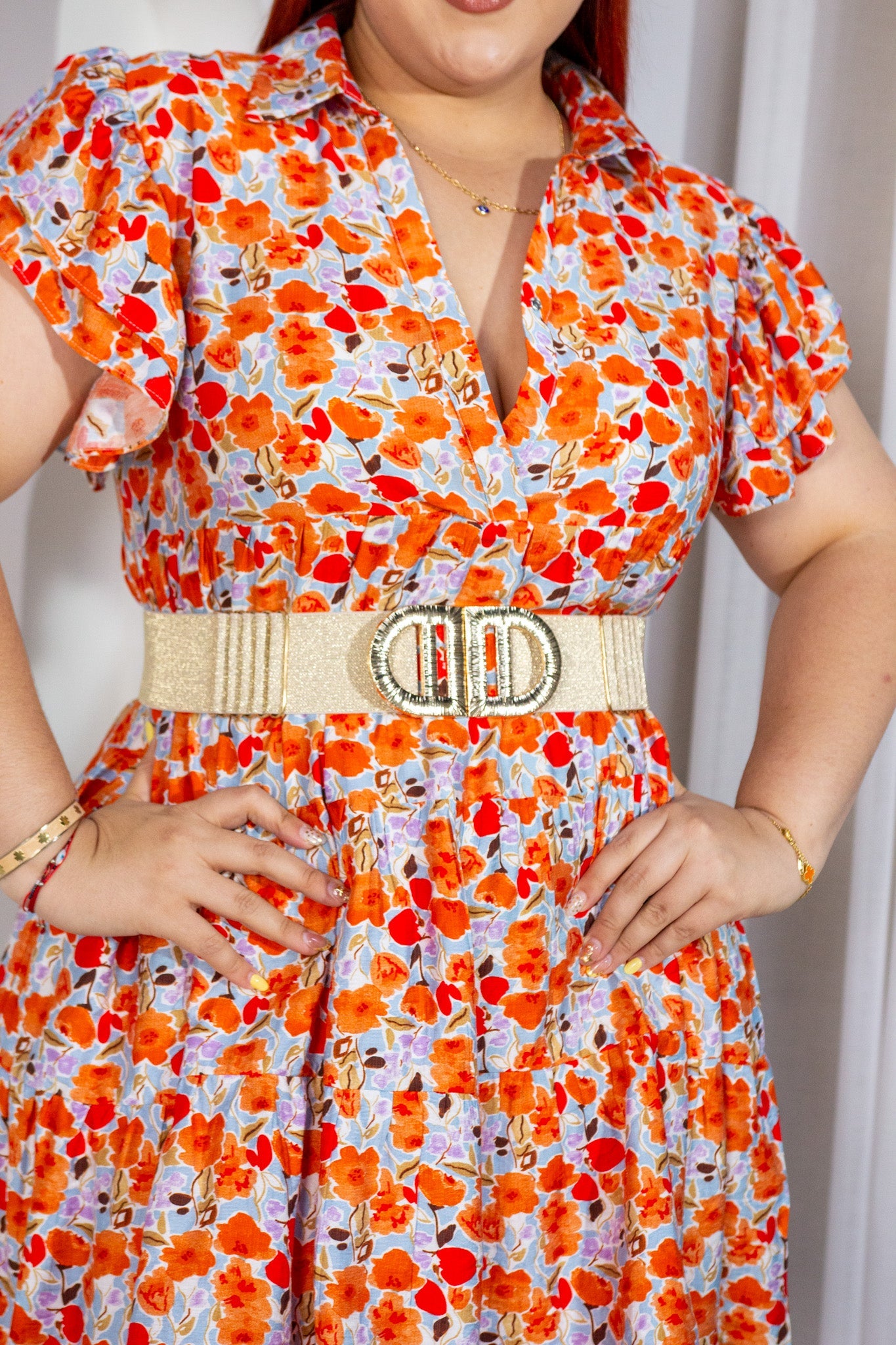 Vestido Curvy Corto Floral Naranja Coral Manga Globo