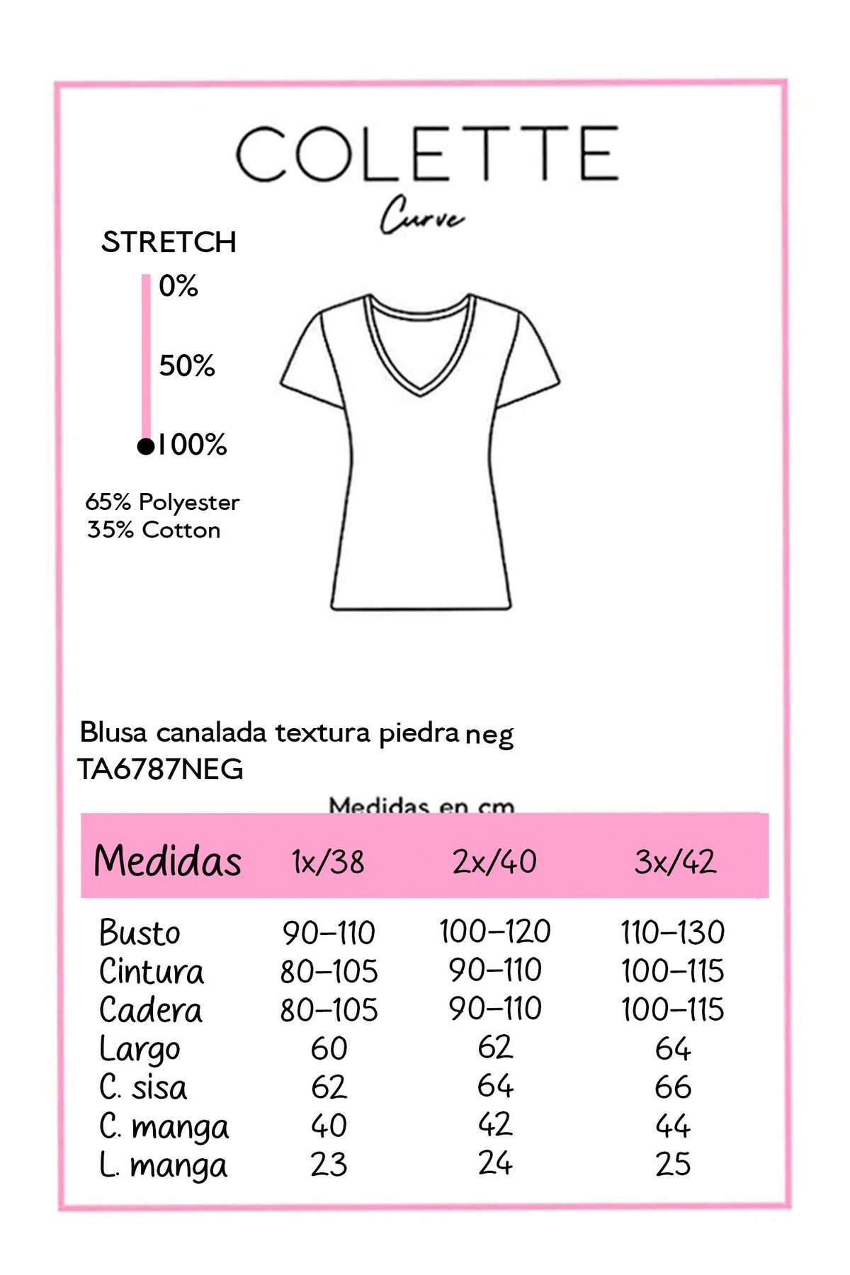 Blusa Curvy Tejido Canalado Manga Corta Negro