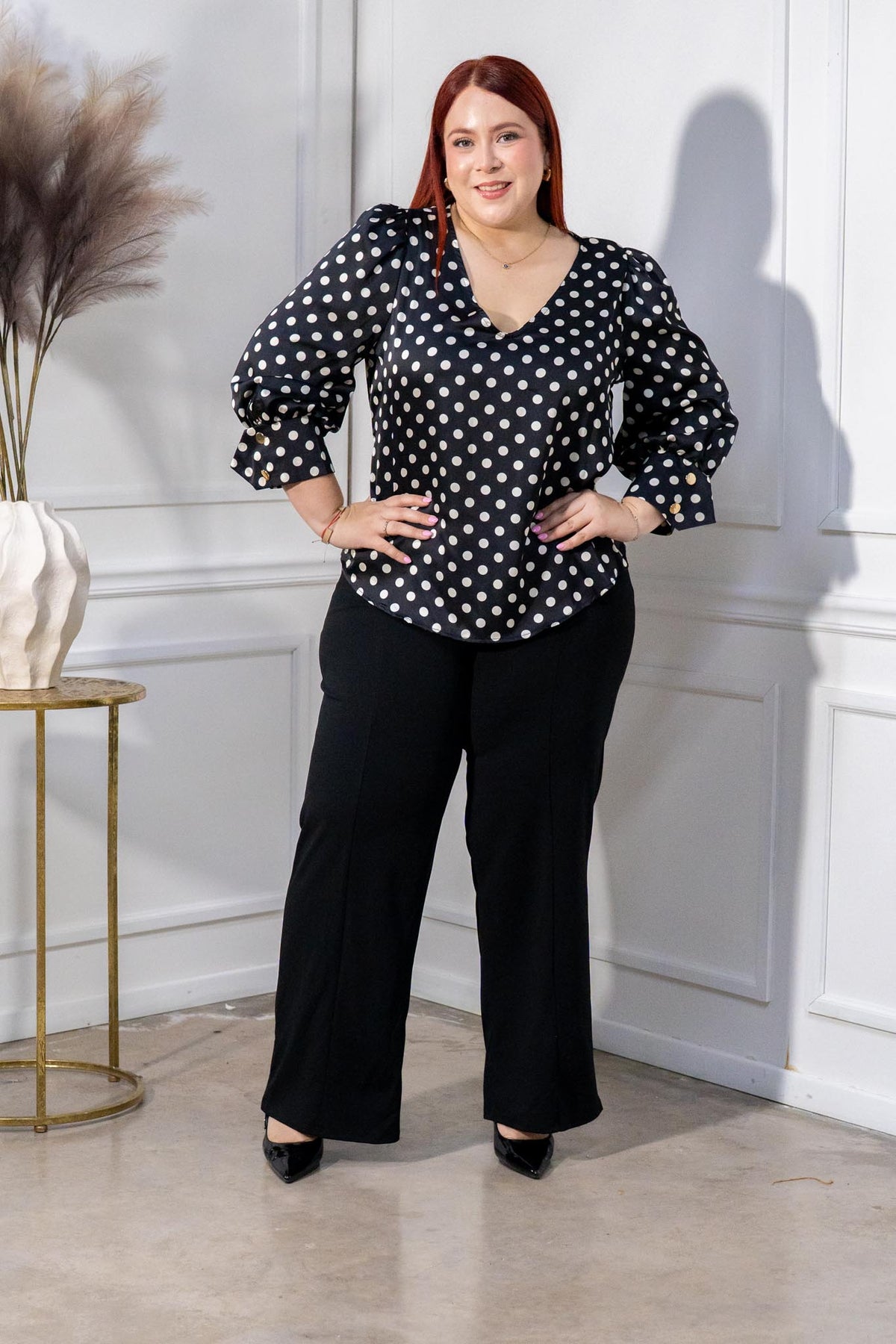 Blusa Curvy Satín Polka Escote V Manga 3/4 Negro