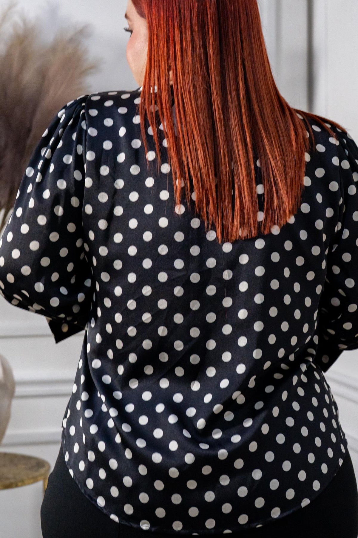 Blusa Curvy Satín Polka Escote V Manga 3/4 Negro