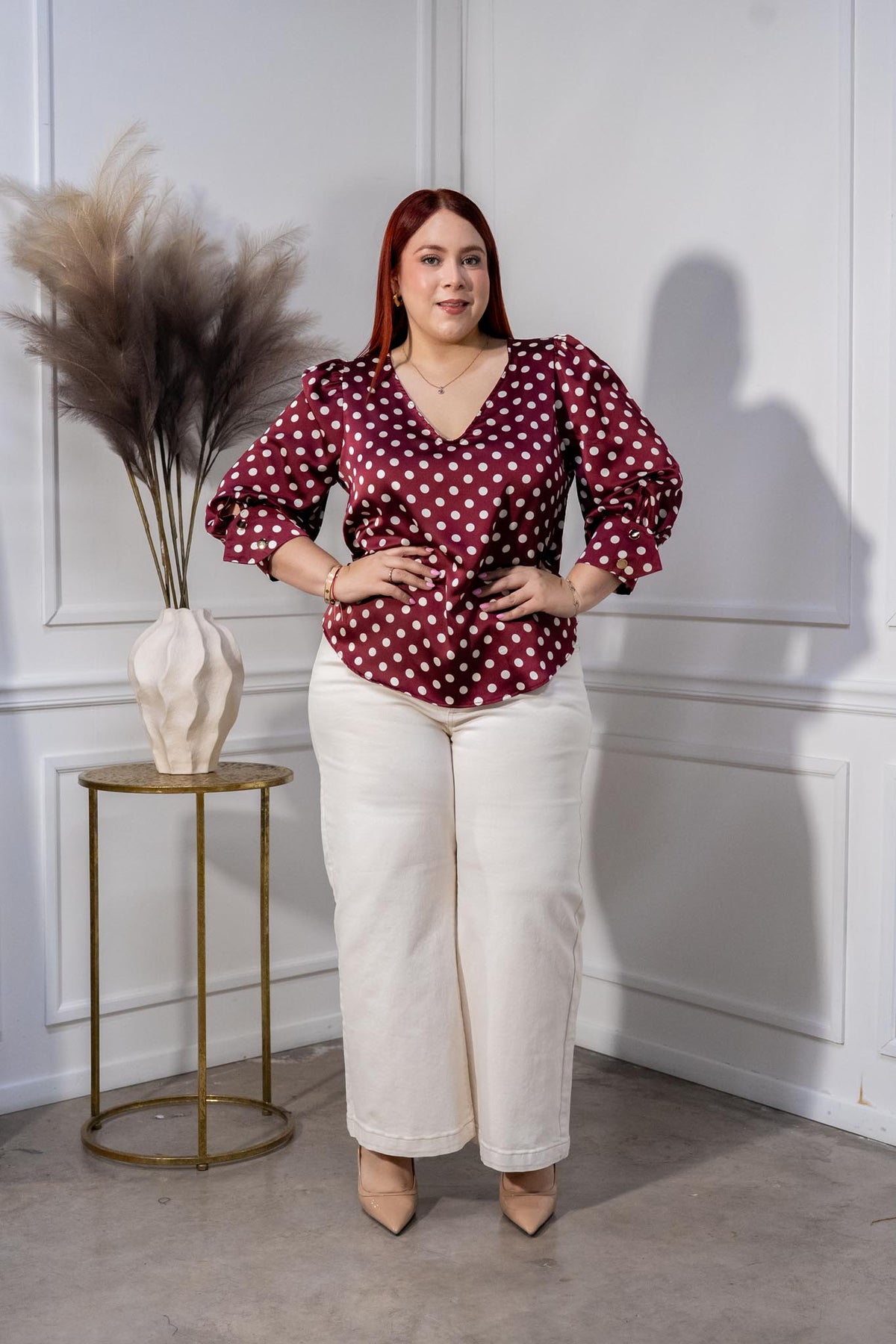Blusa Curvy Satín Polka Escote V Manga 3/4 Tinto