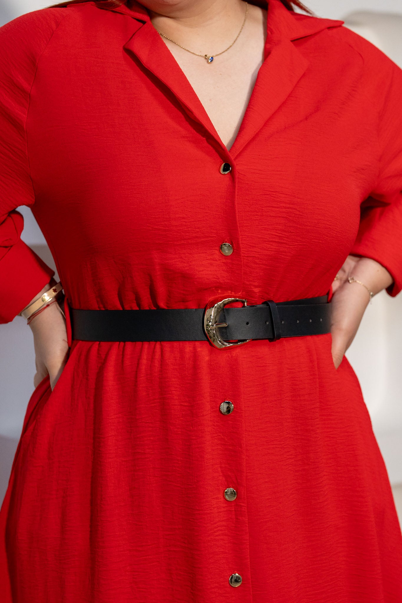 Vestido Midi Camisero con Cinto Curvy Rojo