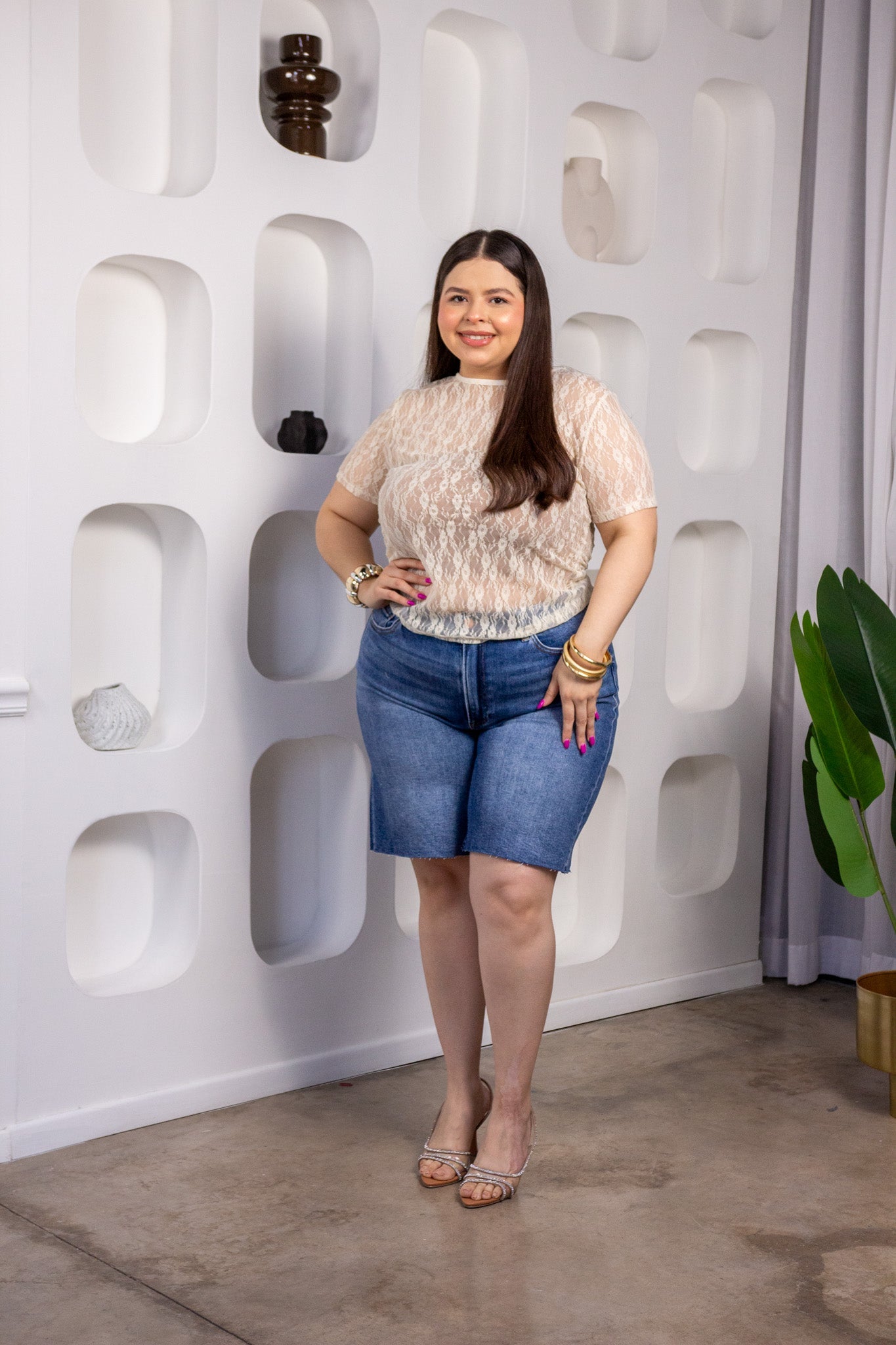 Blusa Curvy Encaje Manga Corta Beige - Vista 3