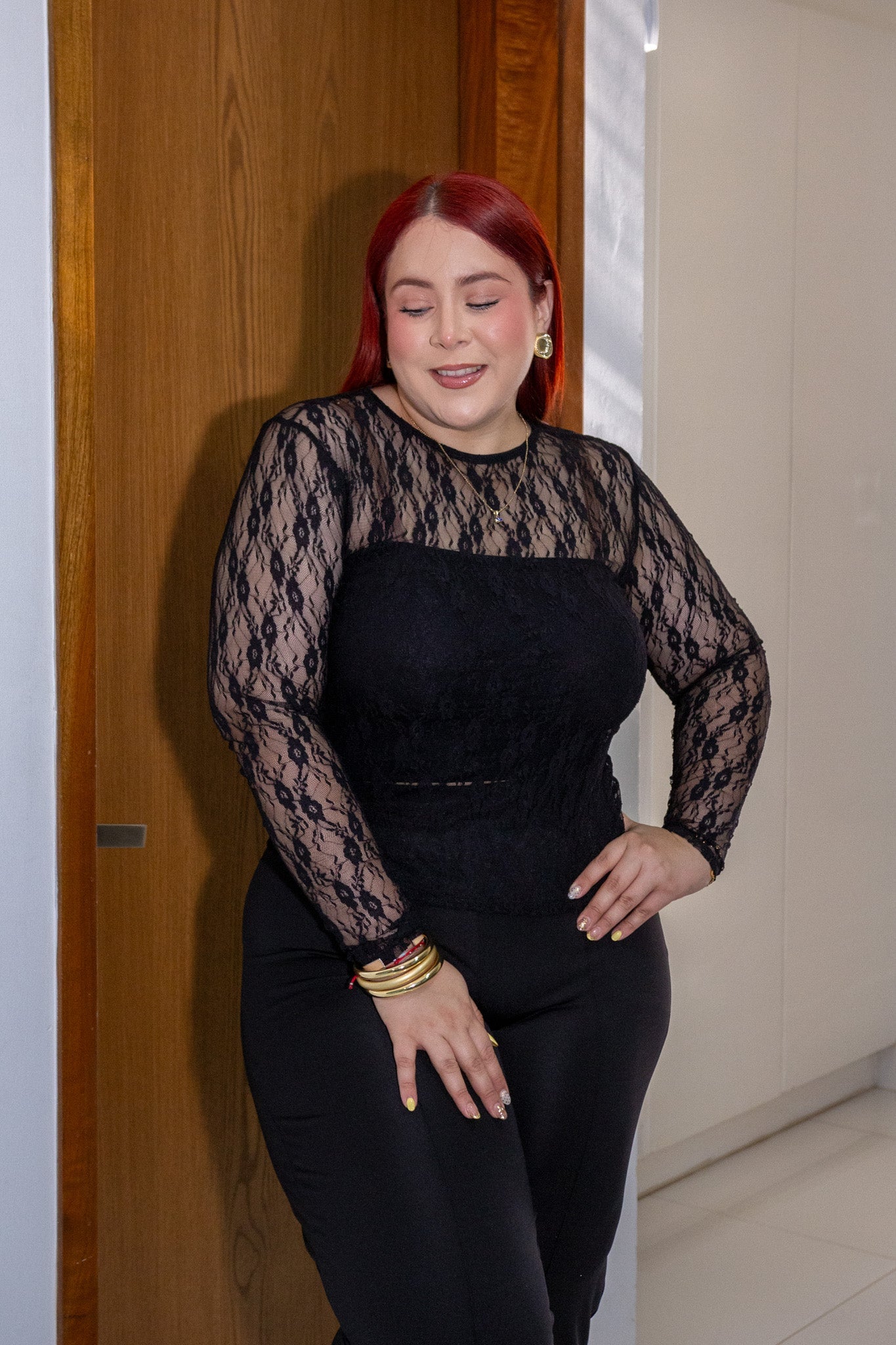 Blusa Curvy Encaje Forrada Manga Larga Negro