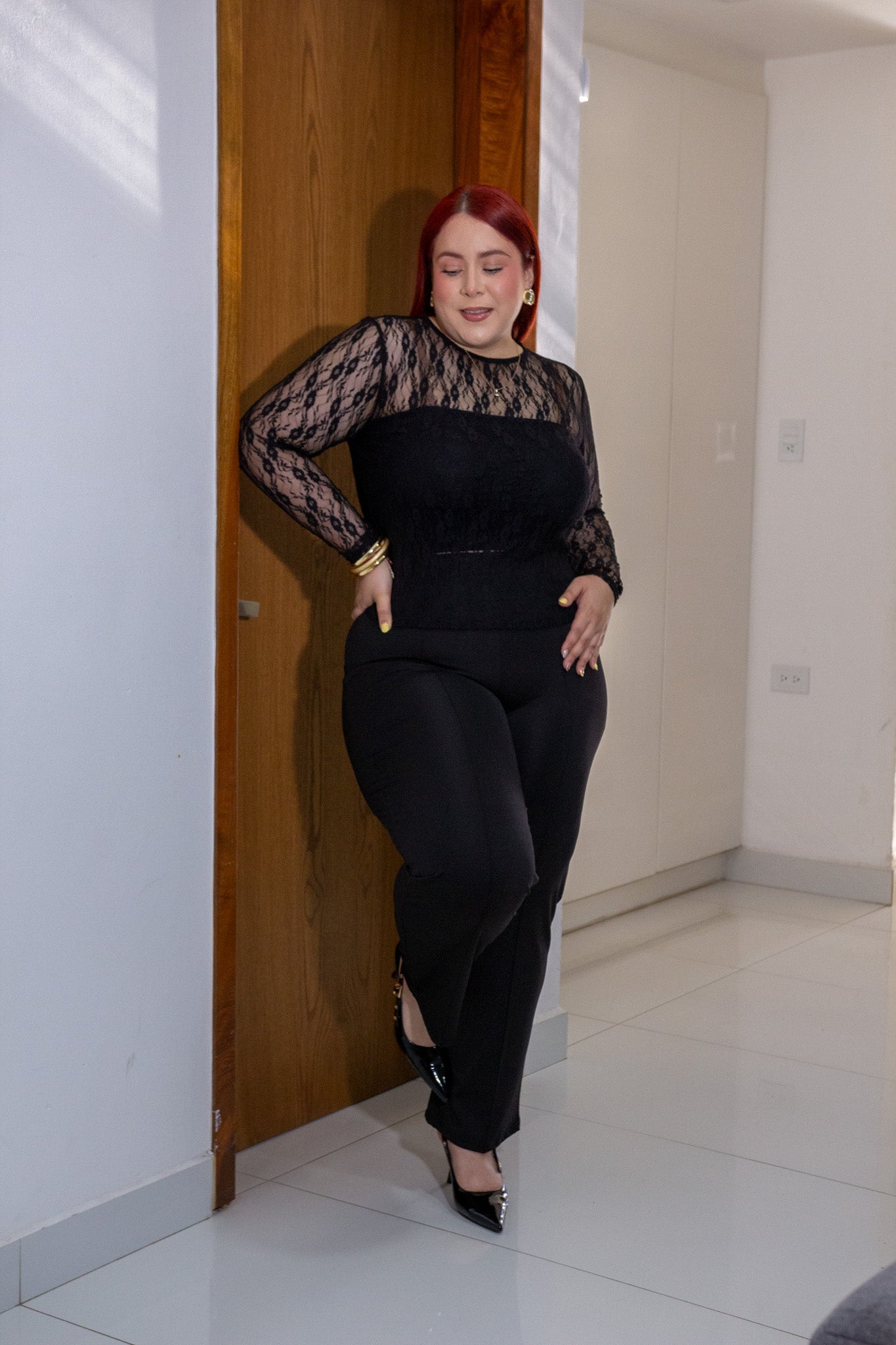 Blusa Curvy Encaje Forrada Manga Larga Negro