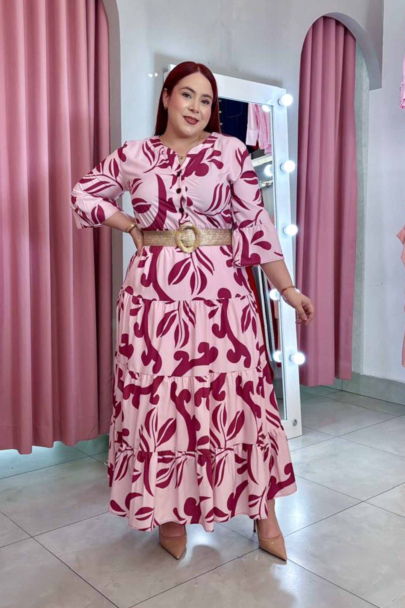 Maxi vestido estampado c/cinto rosa