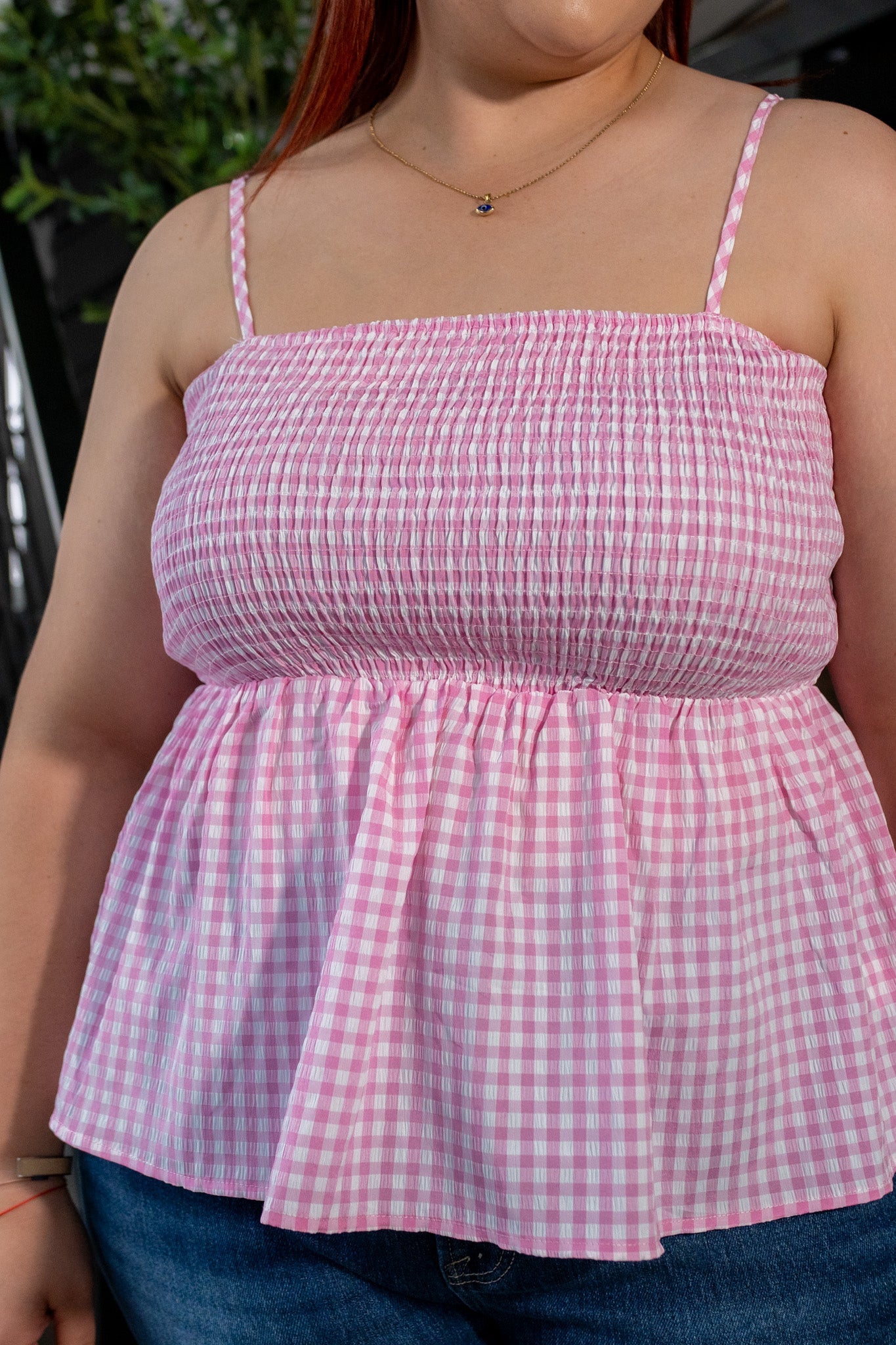 Blusa Curvy Tirantes Print Cuadros Rosa