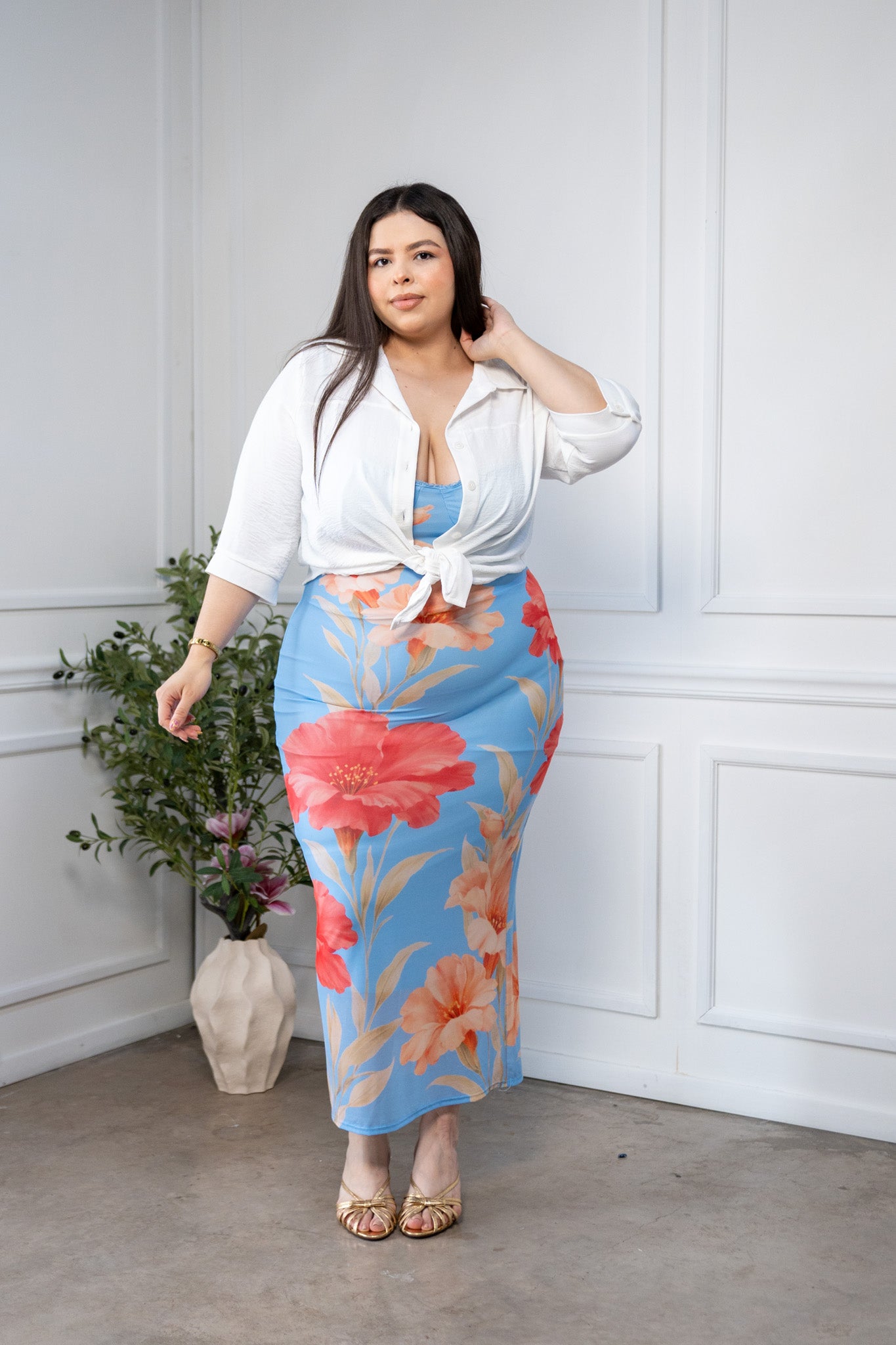 Maxi Vestido Curvy Mesh Print Floral Bodycon Azul