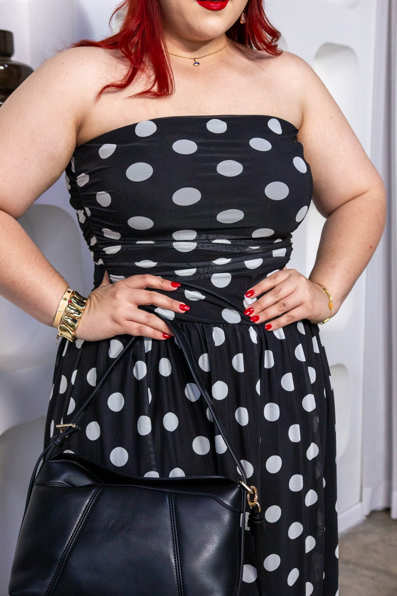 Vestido Strapless Curvy Polka Mesh Midi Negro