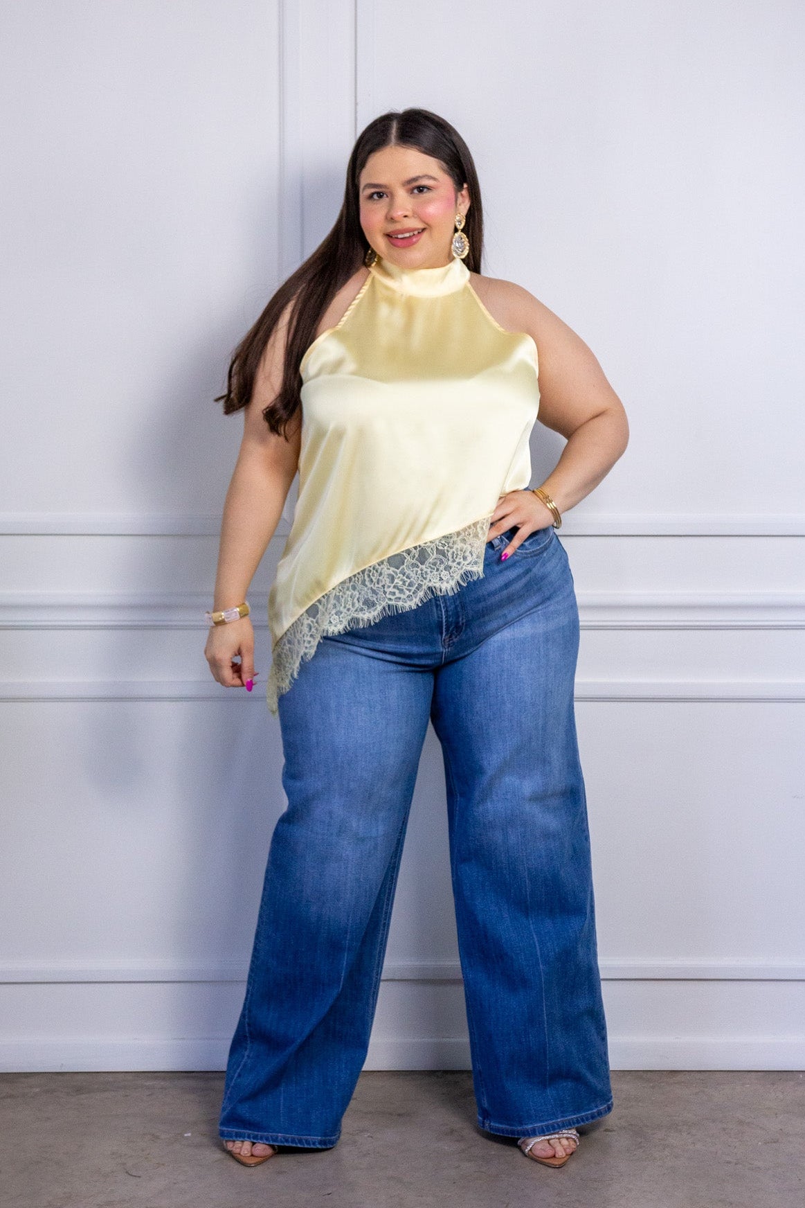 Jeans Curvy Recto Wide Leg Liso Azul Medio