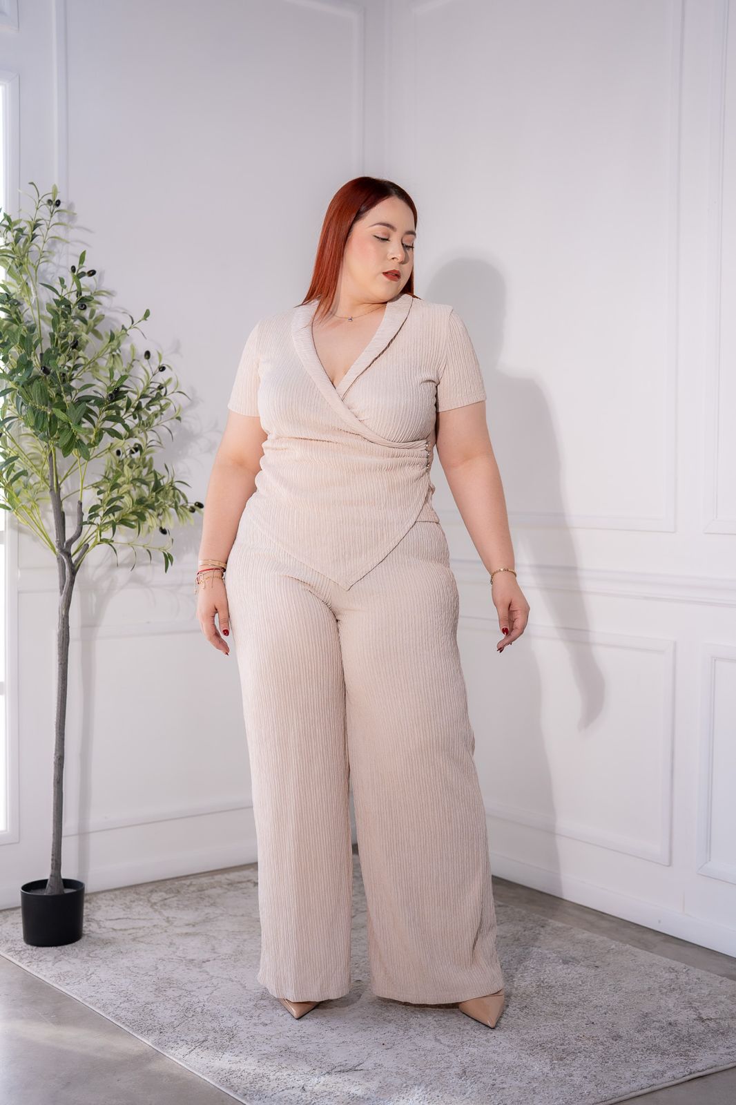 Set pantalon acanalado beige